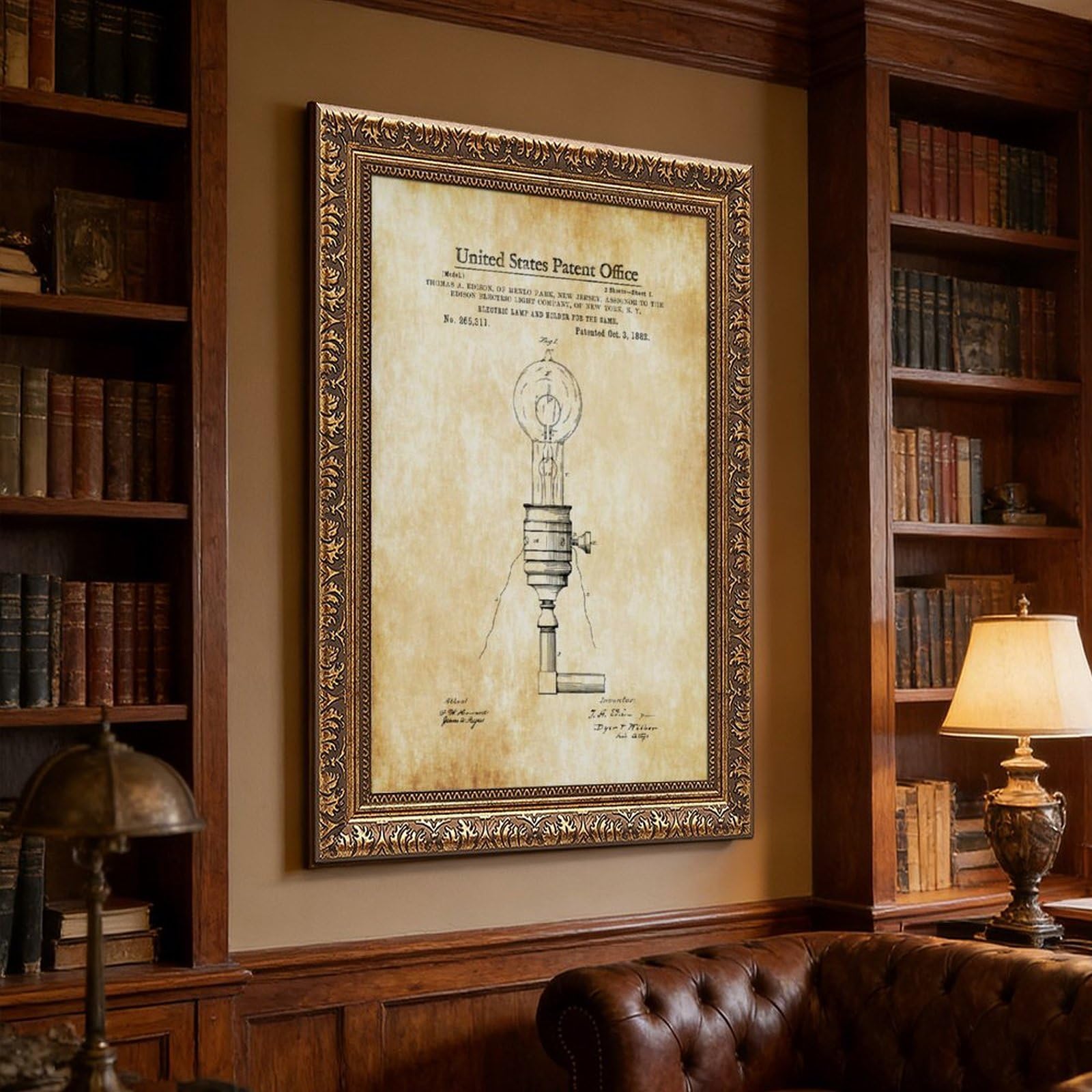 WCYB Lampa elektryczna Patent Nadruk Thomas Edison Vintage Plakaty Druki Płótno Deco Obrazy Sztuka Ścienna Wisząca Rama 20 cm L X 30 cm W