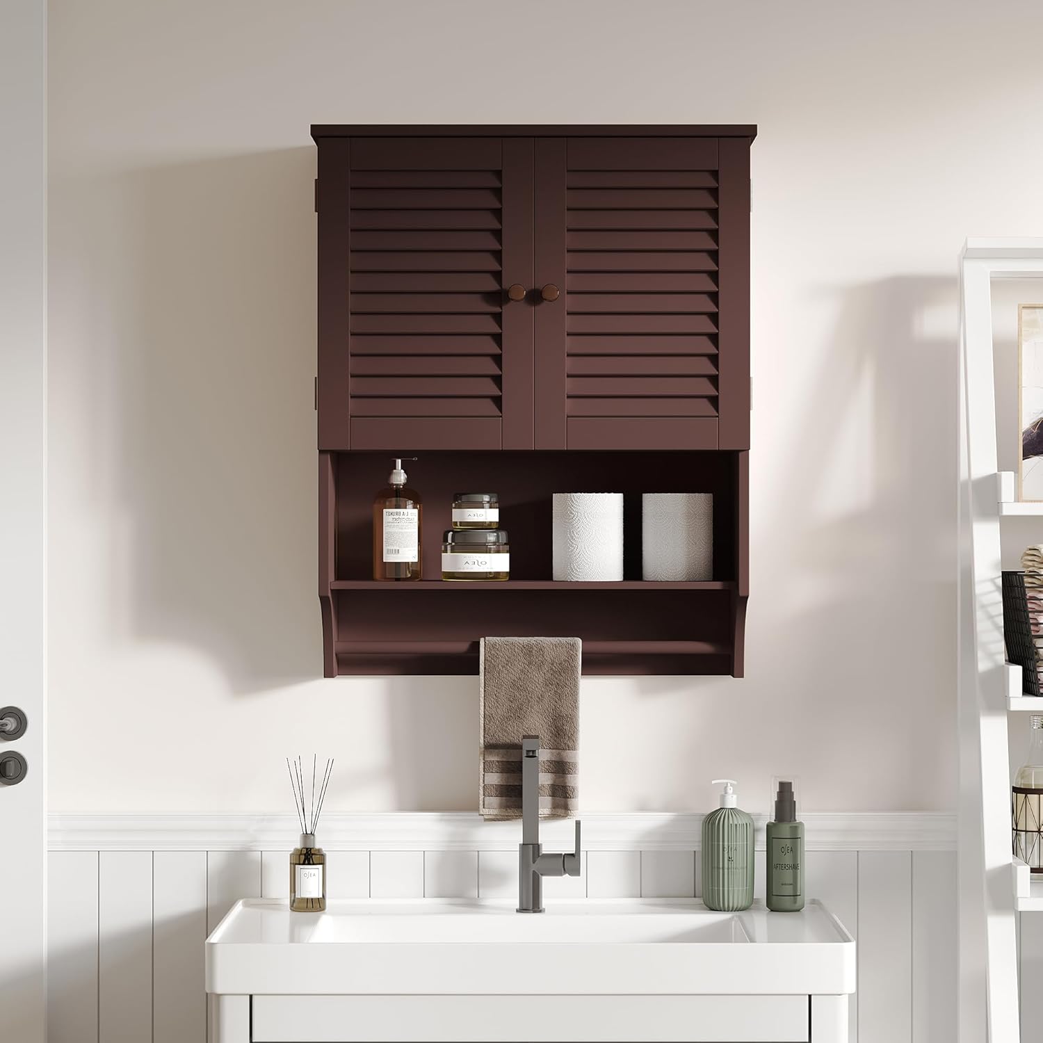 choochoo bathroom wall cabinet with towels bar, 23.6" l x7.9 w x27.5 h mdf material medicine cabinet, 2 doors over the toilet space saver storage cabinet with large space, espresso espresso 23.6"l x7.9"w x27.5"h
