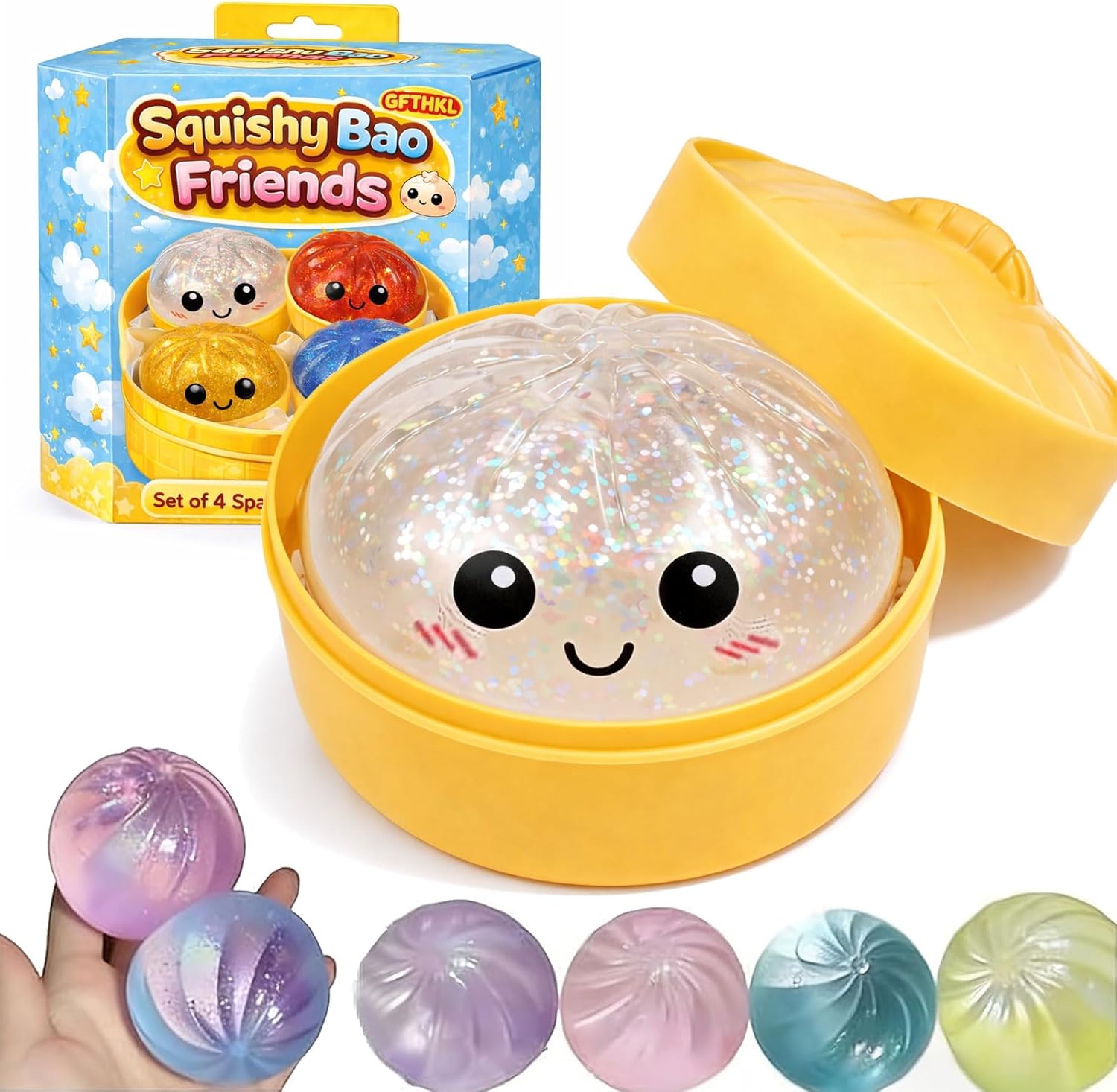 Glitter Dumpling Squishy, Colorful Squishies Dumplings Glitter with Food Steamer, Anxiety Relief, Soft Squeeze Decompression Dough, Stretchy Desk (White)