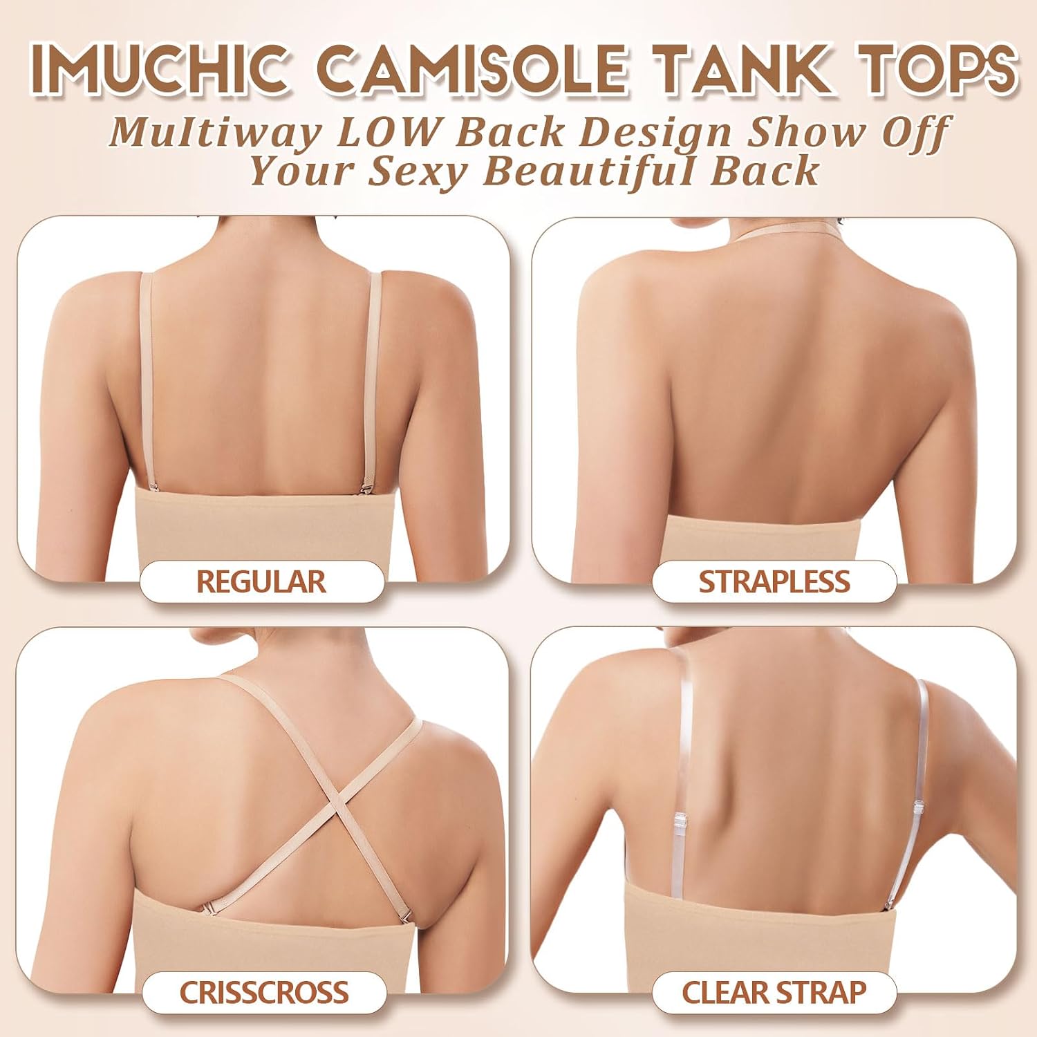 iMuchic Camisole Tank Tops for Girls, Stretch Undershirts Comfortable Camis with Clear Straps and Silicone Cover