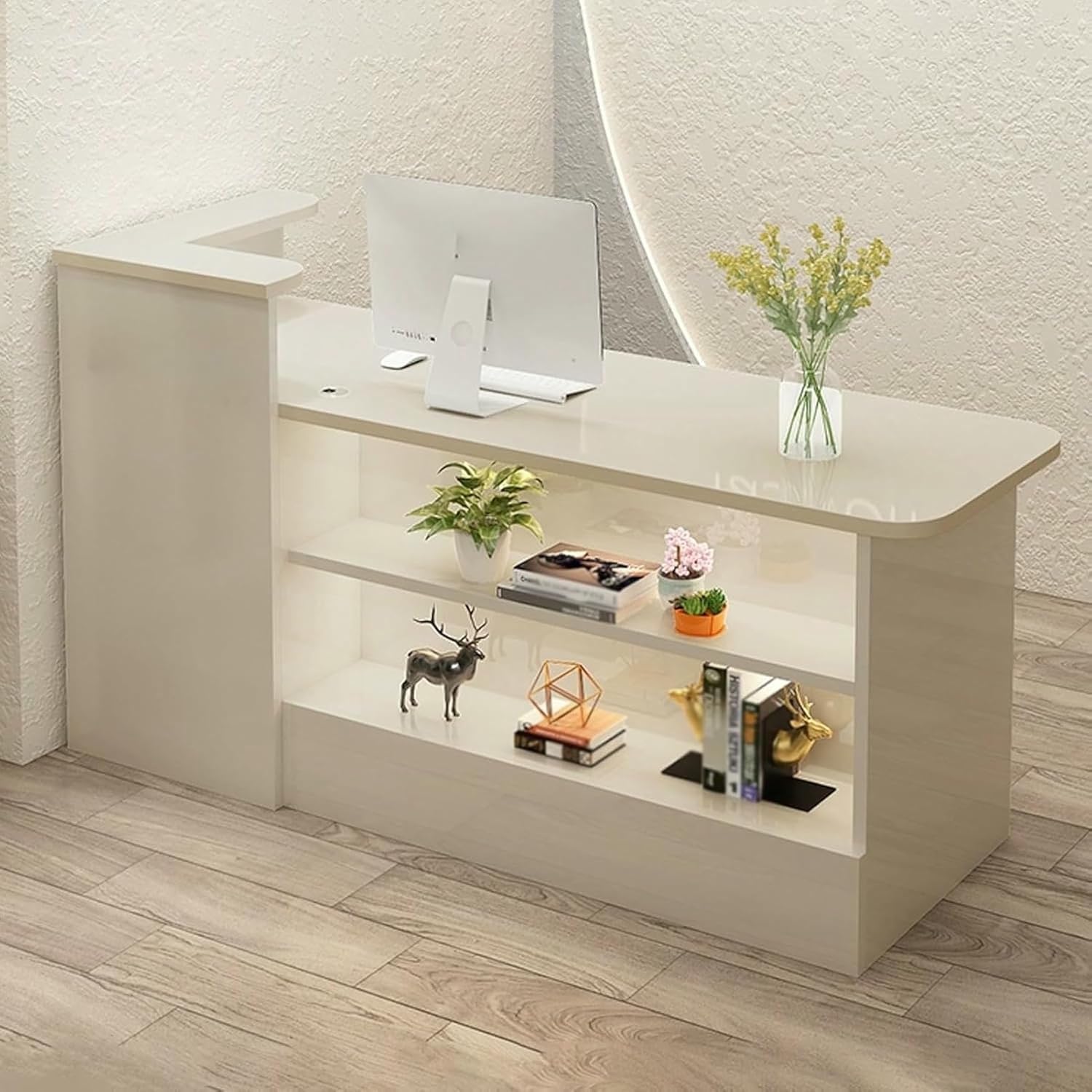 Reception Desk, Retail Checkout Counter, Front Desk Reception Counter, Wooden Checkout Office Desk with Lockable Drawer and LED Light, for Salon Reception Room Store Hotel(White+Beige L,100cm/3