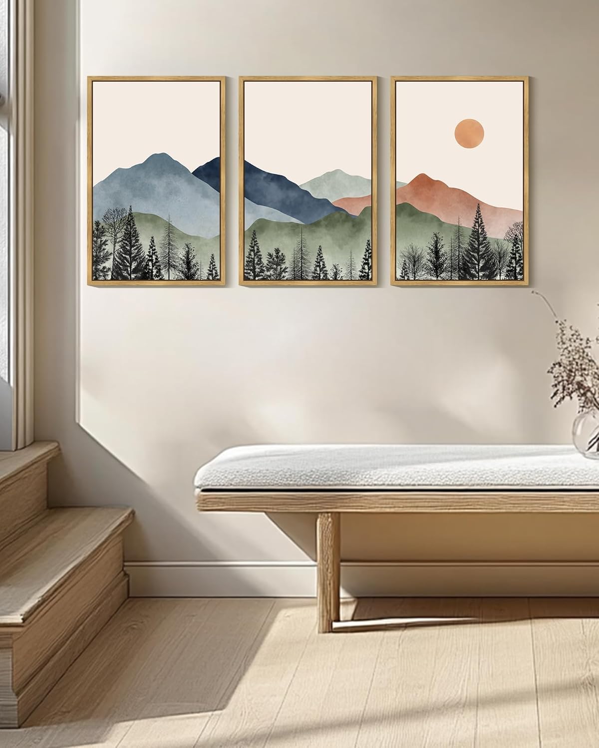 KUVIOKE Mountain Landscape Framed Wall Art Watercolor Nature Painting Boho Sun Rise Prints Farmhouse Rustic Room Decor Ready to Hang 16x24in (Natural Framed)
