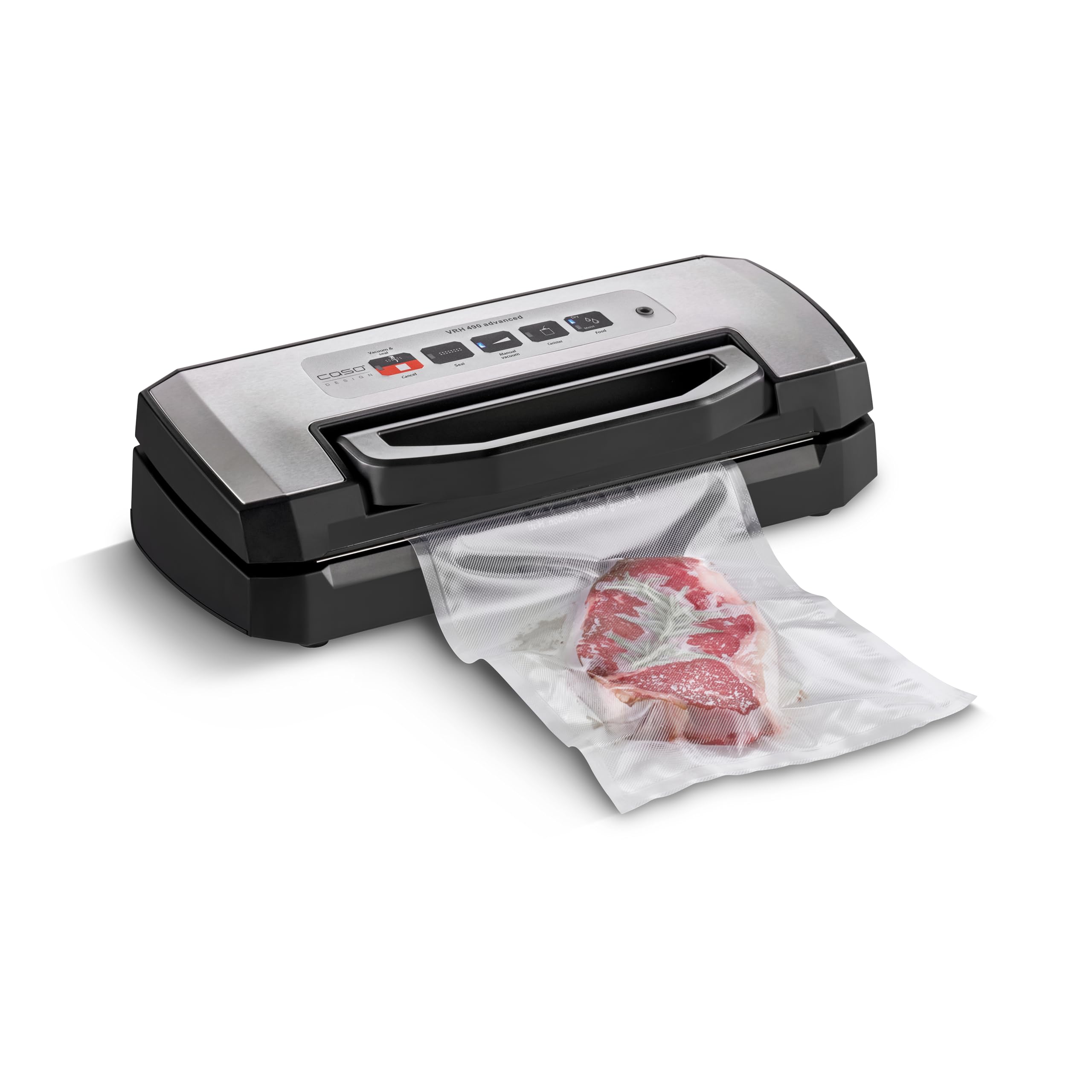 CASO VRH 490 advanced Vakuumierer mit Vakuumadapter/ZIP-Adapter und VacuBoxx Eco-Set – Vakuumiergerät für Lebensmittel, 3 stapelbare Borosilikatglas-Vakuumbehälter, BPA-frei, Sous-Vide geeignet