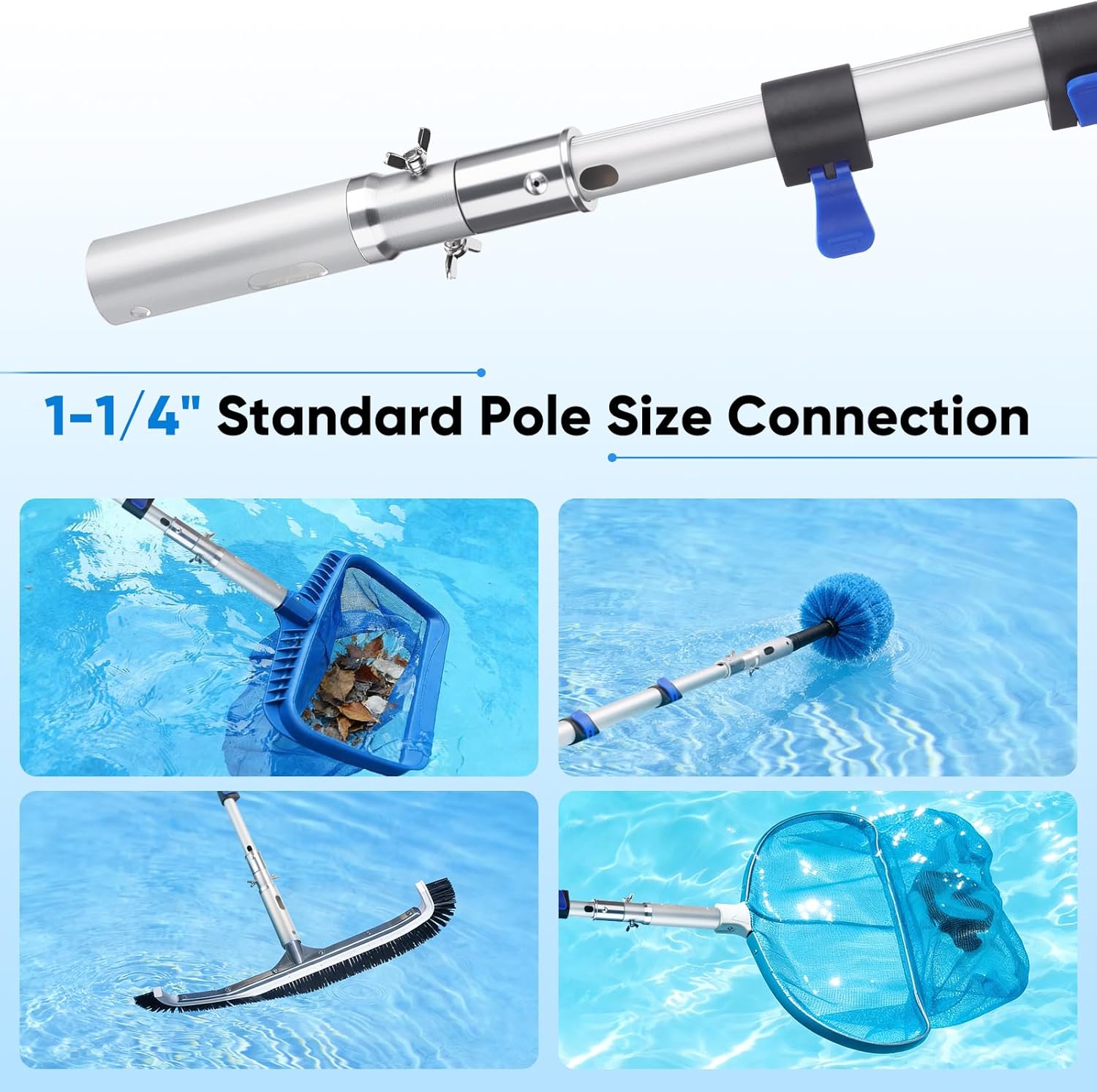 16FT Pool Pole Aluminum Telescopic Extension Pole,Suitable for Above-Ground/In-Ground Pool Cleaning, Compatible with Leaf Skimmer/Brush/Net Bag/Vacuum/Filter Accessories
