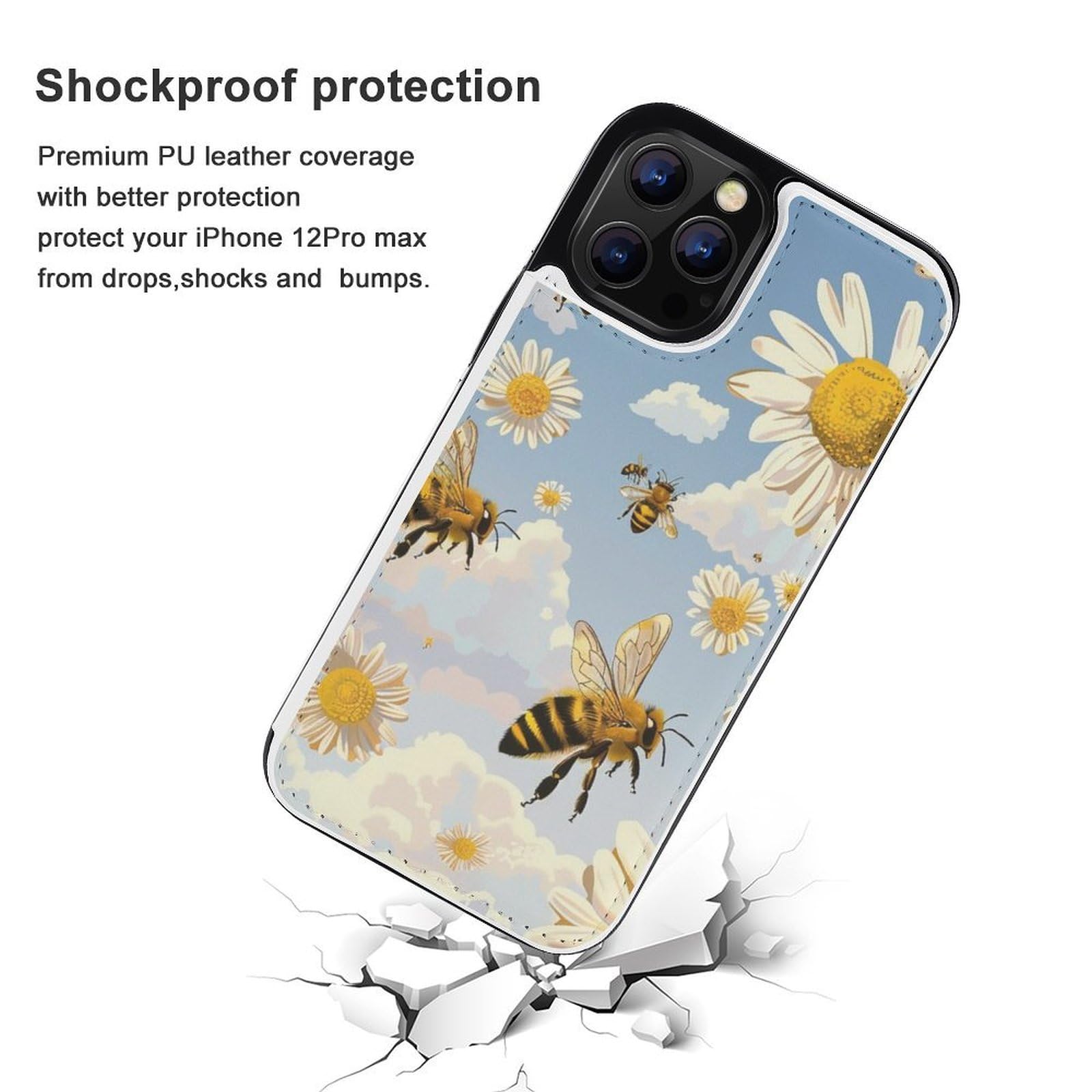 Fundas tipo cartera para iPhone 12 Pro Max, diseño de abejas voladoras con estampado de margaritas y miel, funda de piel con ranuras para tarjetas