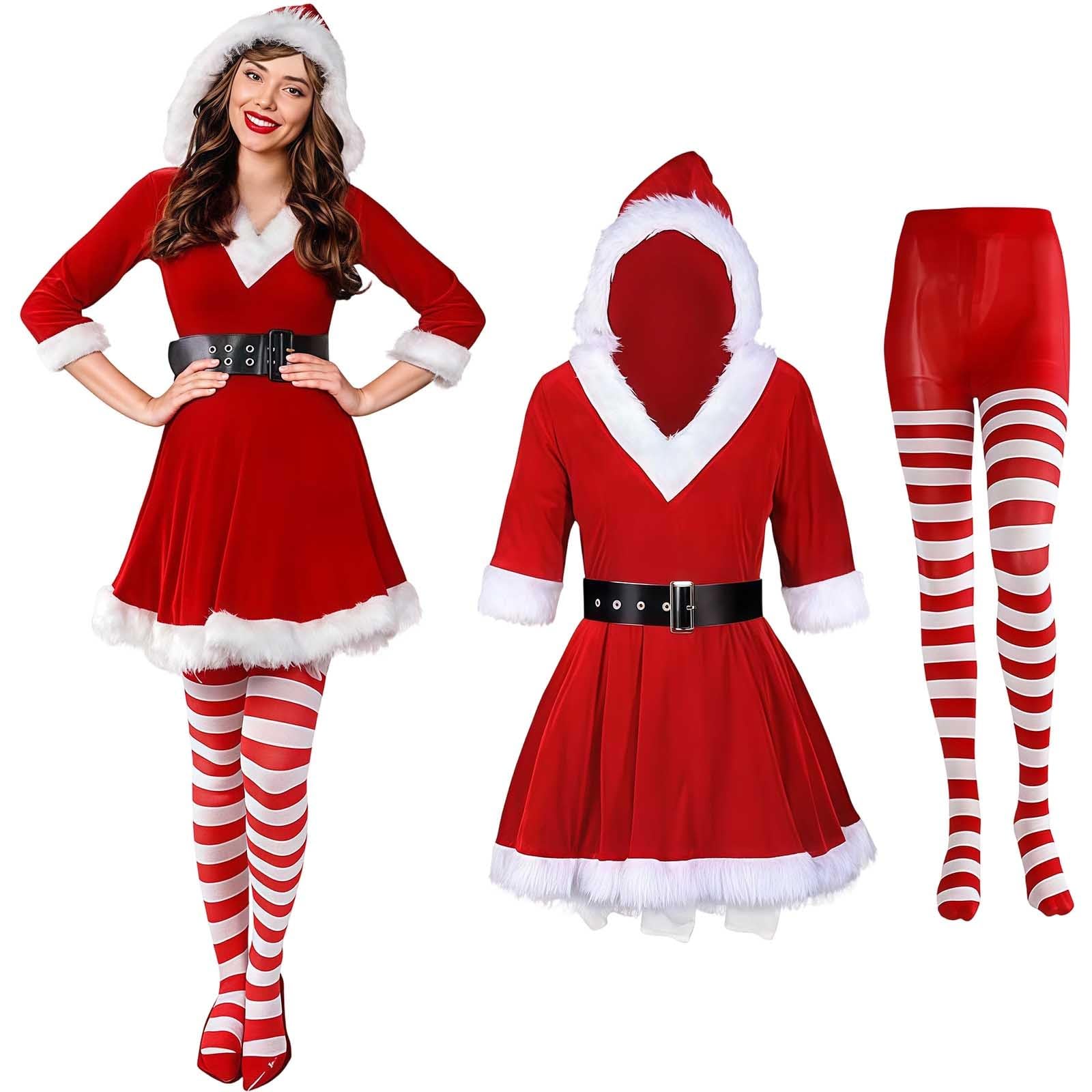 Women's Christmas Dress Ms. Santa Suit Cosplay Mrs Claus Costume 3Pcs Outfit Hooded Dress Belt Pantyhose Elegant Xmas Suits Soft Cozy Warm Costumes Red