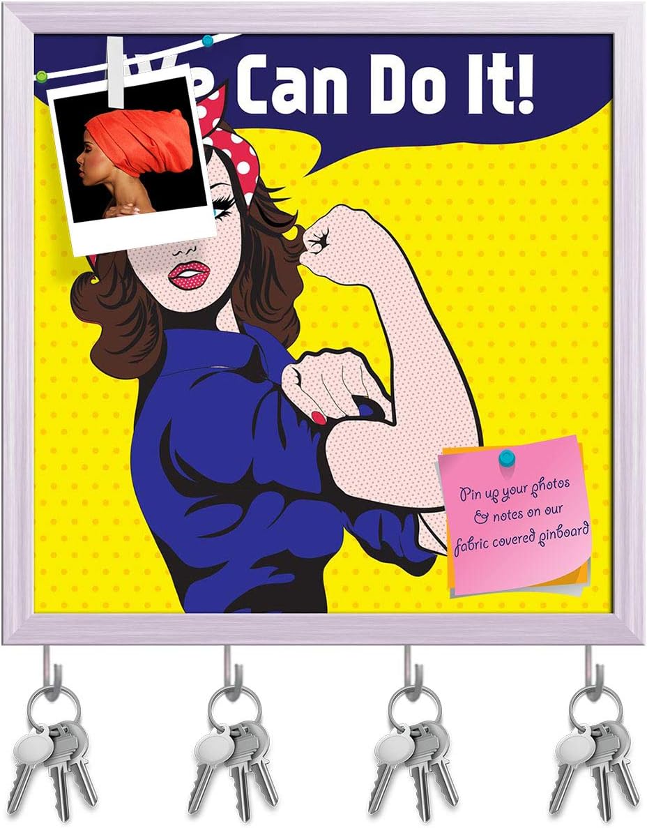 ArtzFolio We Can Do It Key Holder Hooks | Notice Pin Board | White Frame 16 X 16Inch