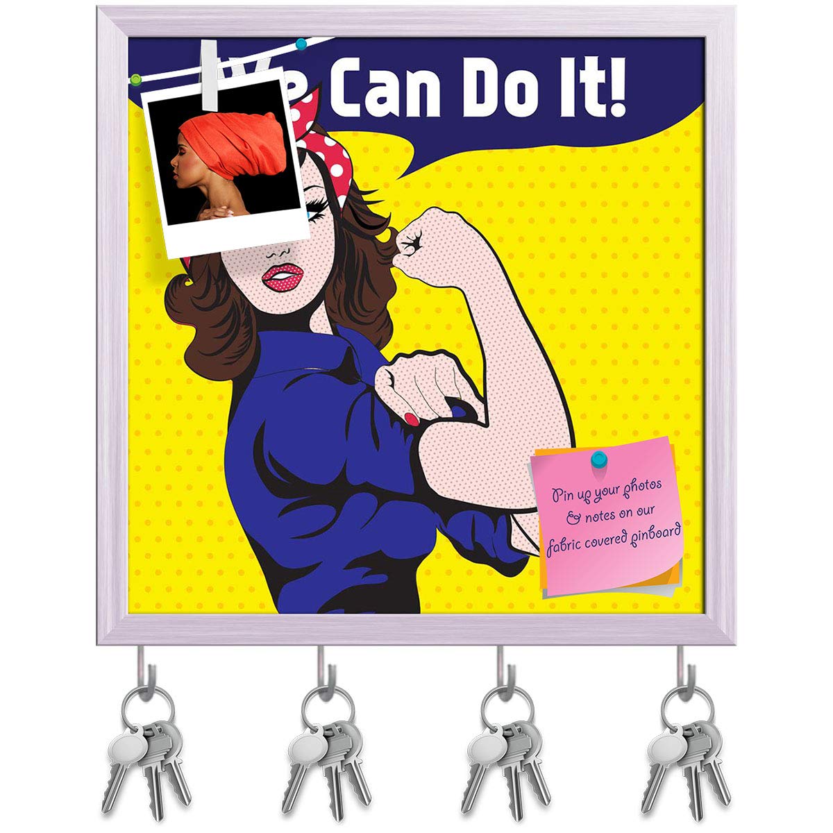 ArtzFolio We Can Do It Key Holder Hooks | Notice Pin Board | White Frame 16 X 16Inch