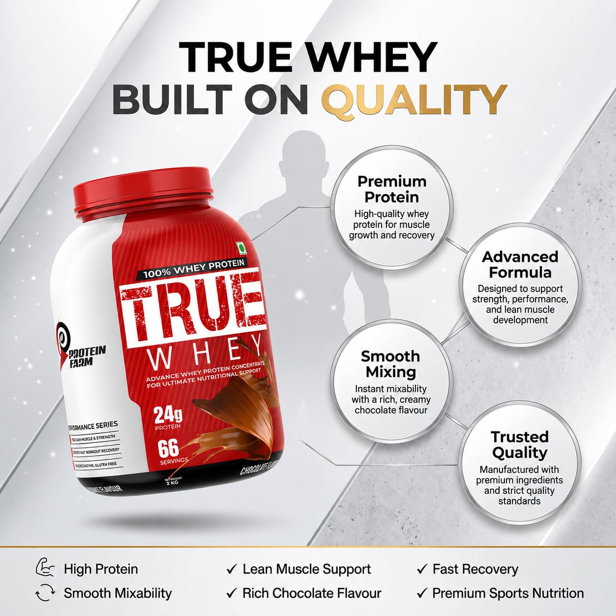 PROTEINFARM TRUE WHEY Protein Powder | CHOCOLATE, 2KG | Blend of Whey Concentrate, Whey Isolate) | 24g Pure Protein Per Scoop | BCAA for Quick Muscle Recovery I 66 servings — Amazon image 4