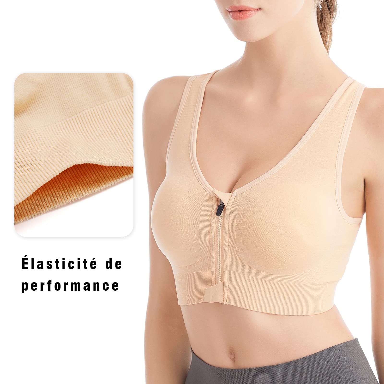 Soutien-Gorge de Sport Post-opératoire Brassière Femme Zippée Avant Zipper Lingerie avec Coussinets Amovibles Push Up Courir Vest pour Fitness Jogging Yoga Course