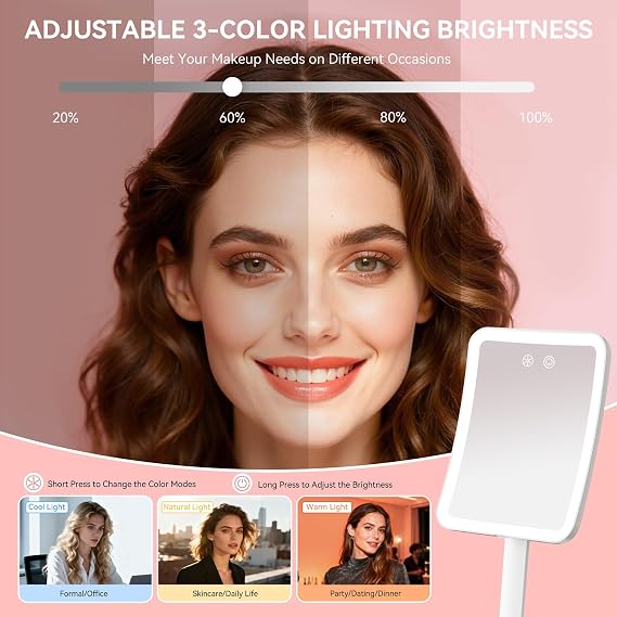 Auxmir 30X Magnifying Travel Makeup Mirror, 2000mAh Rechargeable Mirror | 3 light colors with 64 LEDs, touch dimming, compact portable foldable, adjustable height & angle, travel, 30X magnification