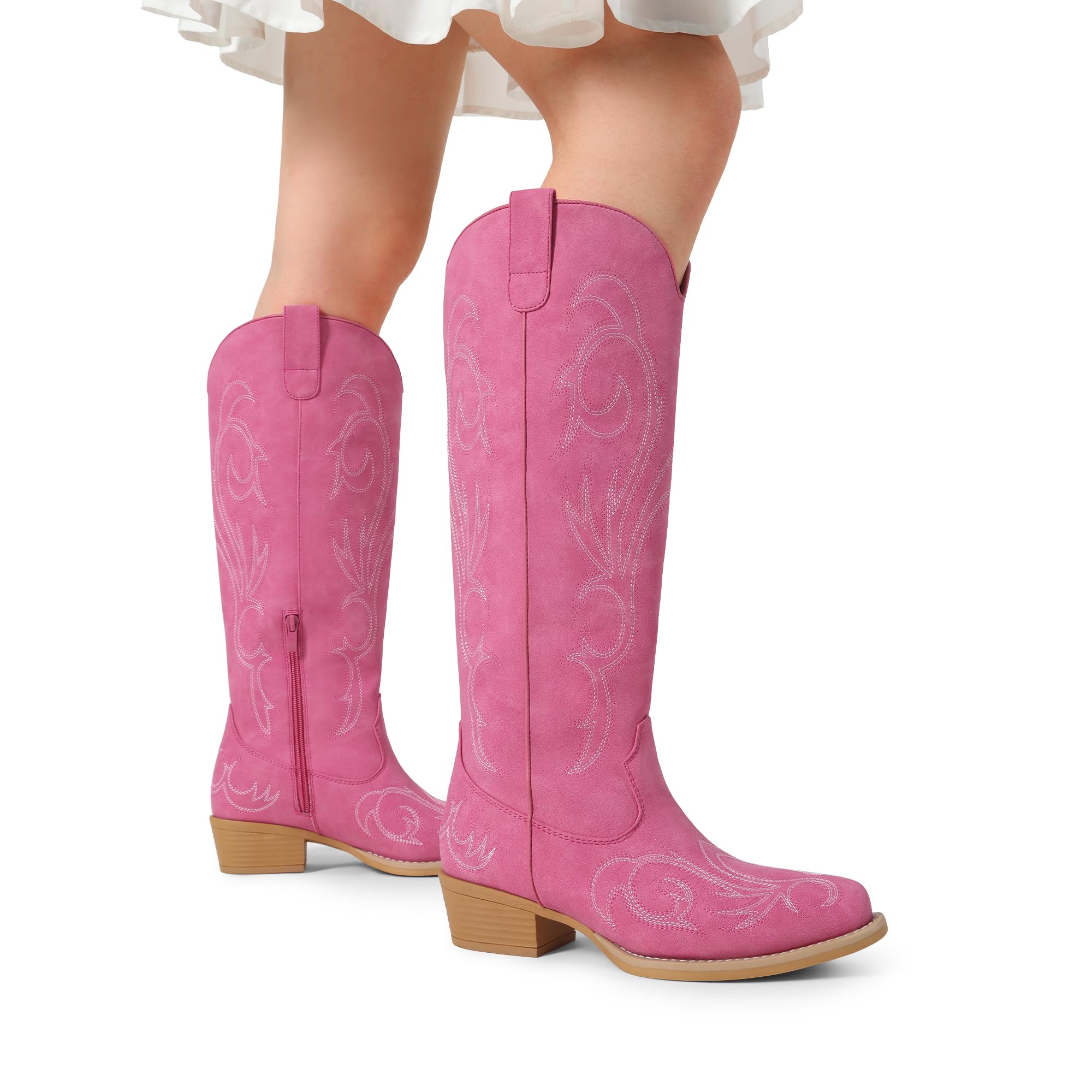 DREAM PAIRS Stivali da Cowboy da Donna Comodi Stivali Alti Fino al Ginocchio da Cowgirl con Cerniera Laterale Tacco Grosso Stivali Western Ricamati