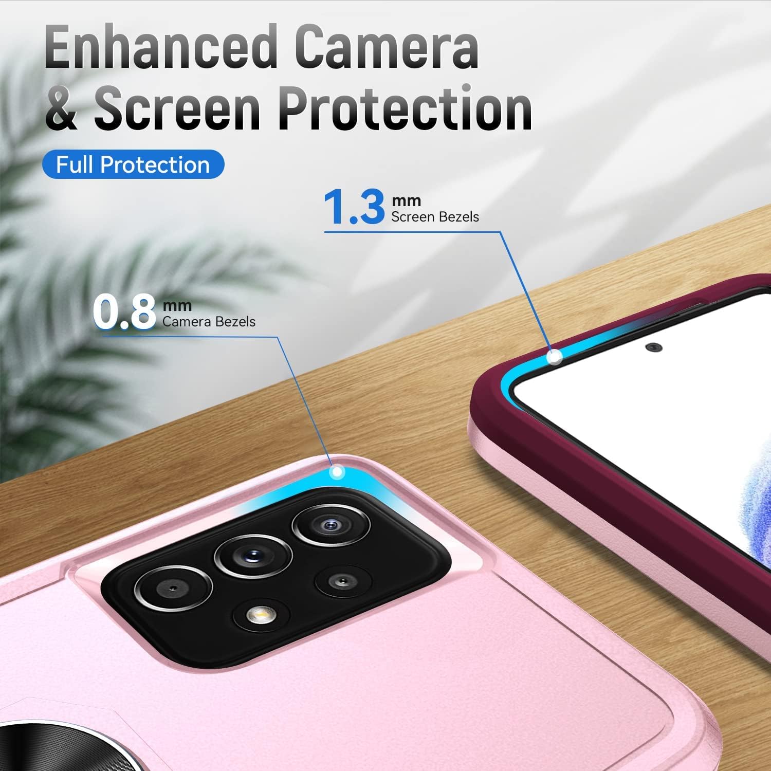 Samsung Galaxy a53 5G Case,with 1 Pack Screen Protector+1 Pack Camera Lens Protector,Heavy Duty Shockproof Full Body Protective Phone Cover,Built in Finger Ring Stable Holder Kickstand,2022 Cute Pink