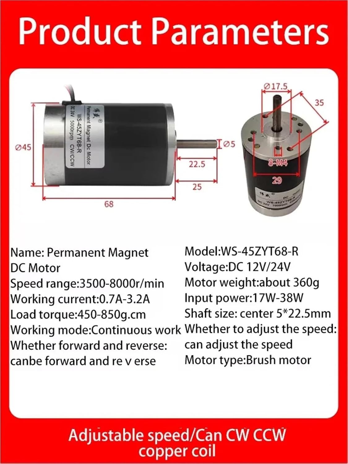 1PCS 12V 24V High Speed Motor 45mm Miniature Speed Regulation Small Motor Can CW CCW Silent(Motor and bracket,7000RPM,DC 12V)