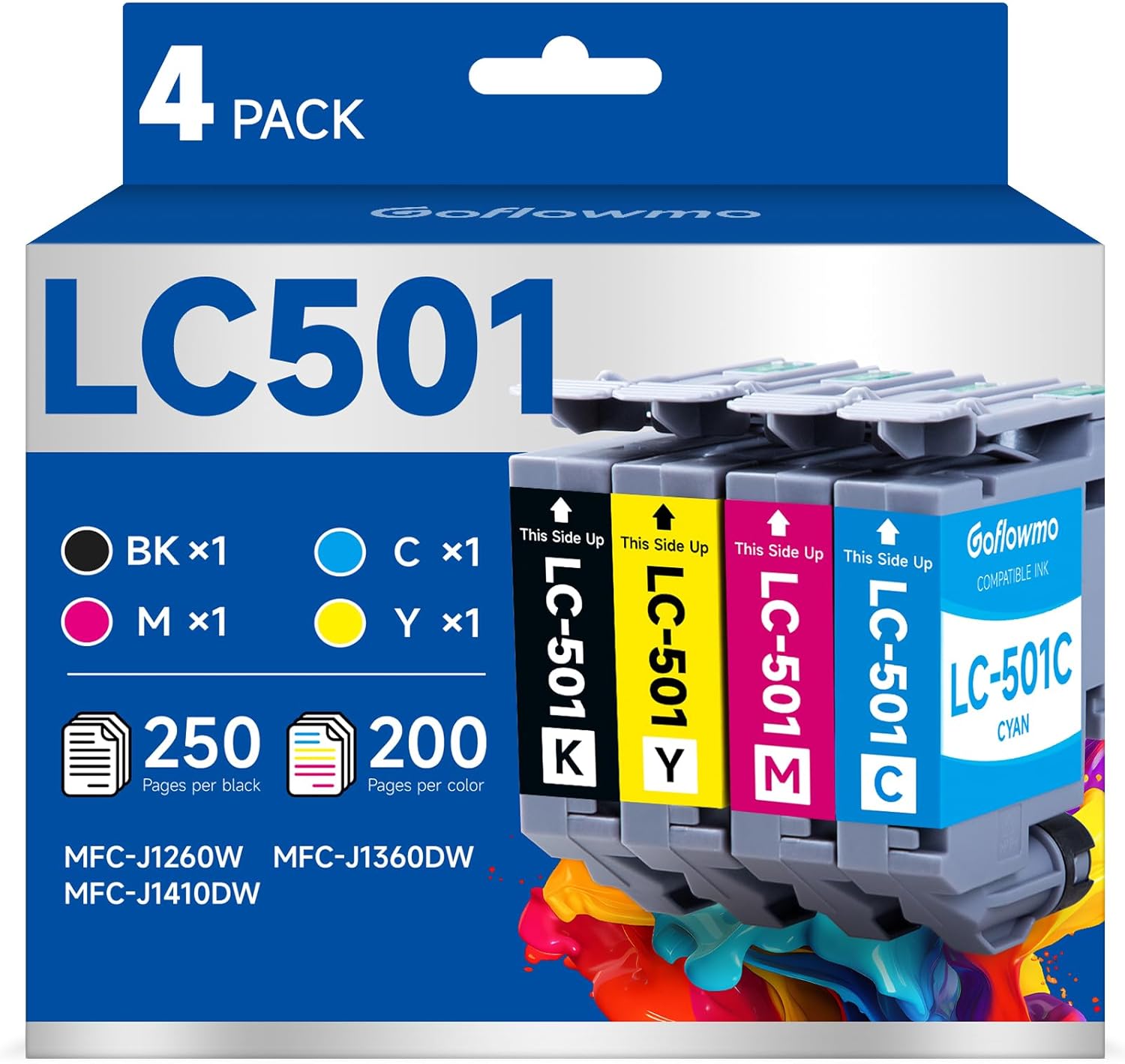LC501 Ink Cartridges for Brother Printer LC 501 LC501XL 501XL Inks Cartridge Compatible for Brother MFC-J1360DW MFCJ1360DW MFC-J1410DW MFC-J1260DW Series Printer (4-Pack, Black Cyan Magenta Yellow)
