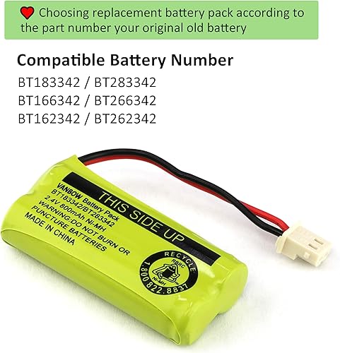Miniatura 5 de BT183342BT283342 2.4V 800mAh Batería Ni-MH compatible con baterías de teléfono inalámbrico AT&T VTech BT166342BT266342 BT162342BT262342 CS6709