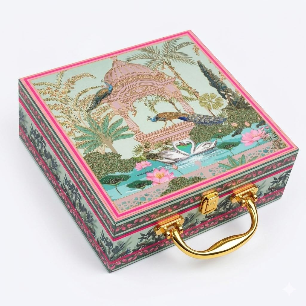 Luxury Decorative MDF Gift Box with 4 Designer Glass Jars | Royal Indian Heritage Peacock Design | Ideal for Corporate Gifting,Festive and Special occasion Gifting | 9.5X9.5X3.5 Inches-image-32