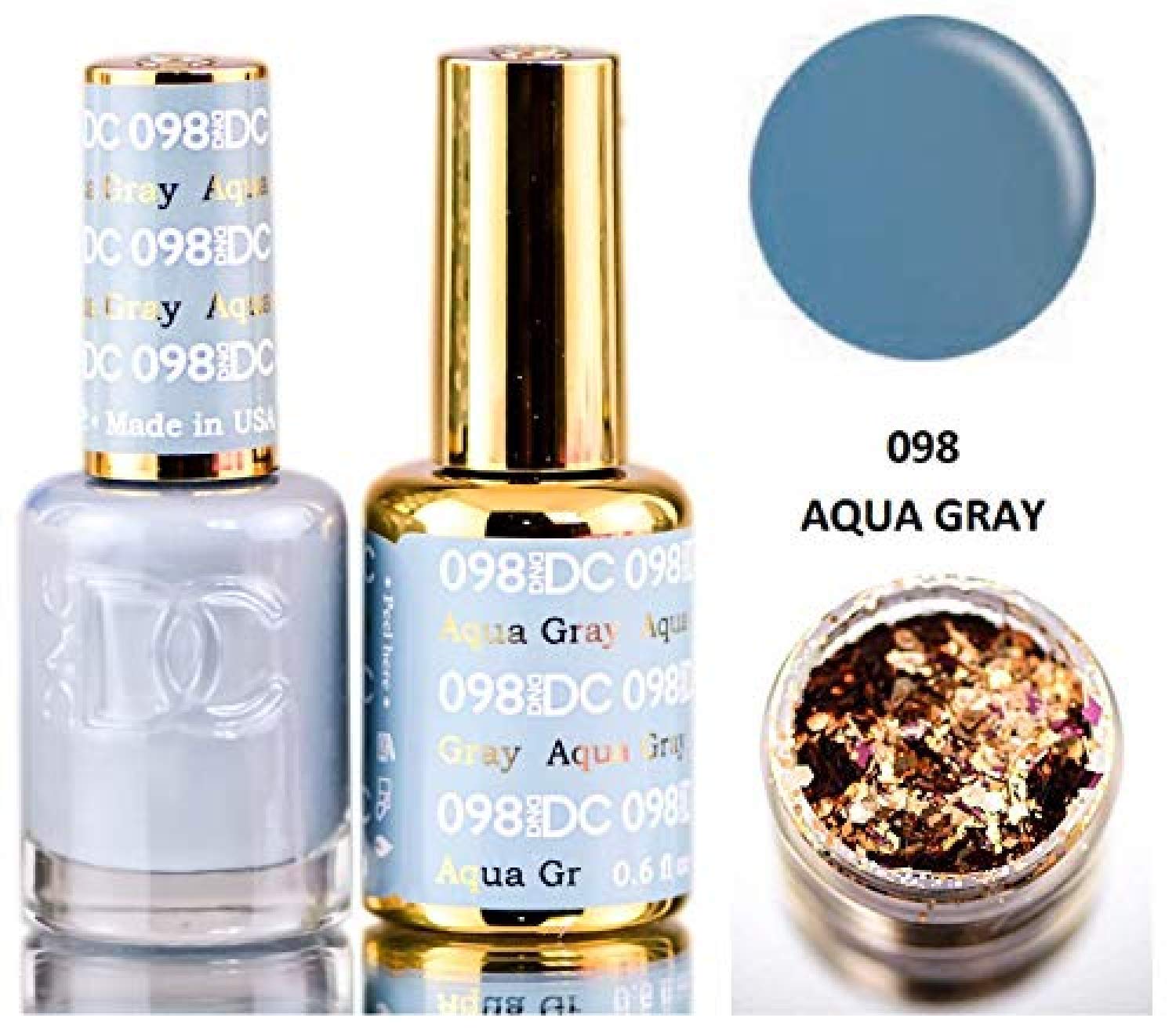 DND DC Blues & Greens GEL POLISH DUO, Gel Lacquer 0.5 oz + Matching Nail Polish Color 0.5 oz, Daisy Nails (with bonus side Glitter) Made in USA (Aqua Gray (098))