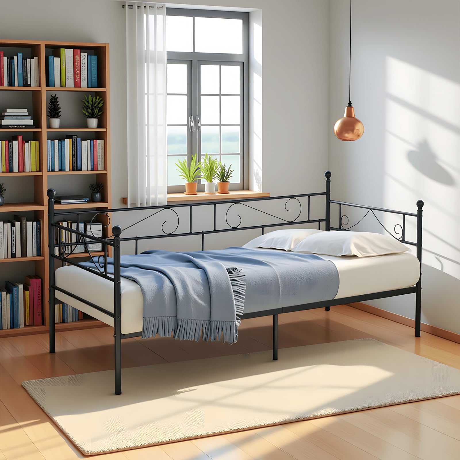Struttura Divano Letto 90x200 cm, per Interno ed Esterno, Nero | Letto da giorno Singolo in metallo, ideale come divano o letto ospiti in soggiorno, camera, balcone e terrazza, Max 150kg