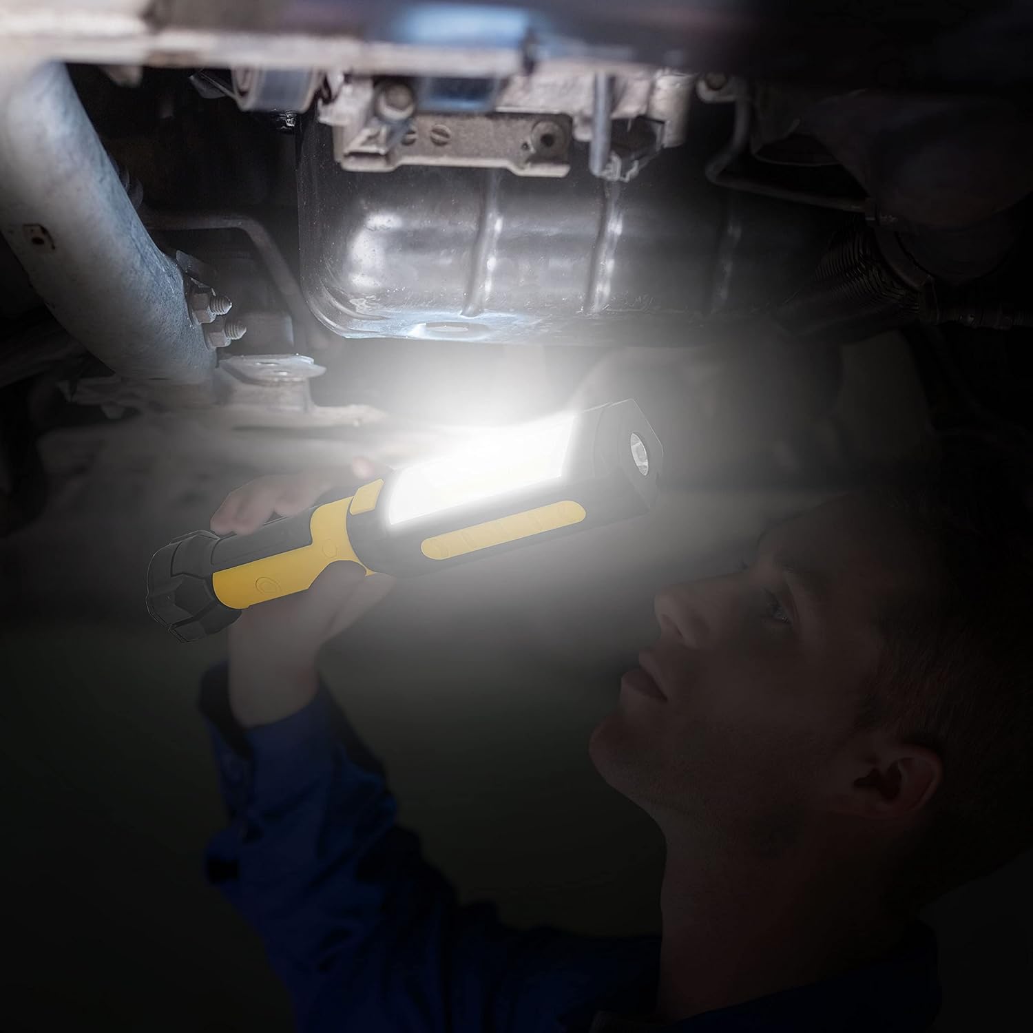 Magnetic work light/flashlight combo with clamp and multidirectional hook | Bright 200 lumen 3W COB work light for mechanic work | 100 lumen 3W LED flashlight | Mens gifts tools | gifts for dad