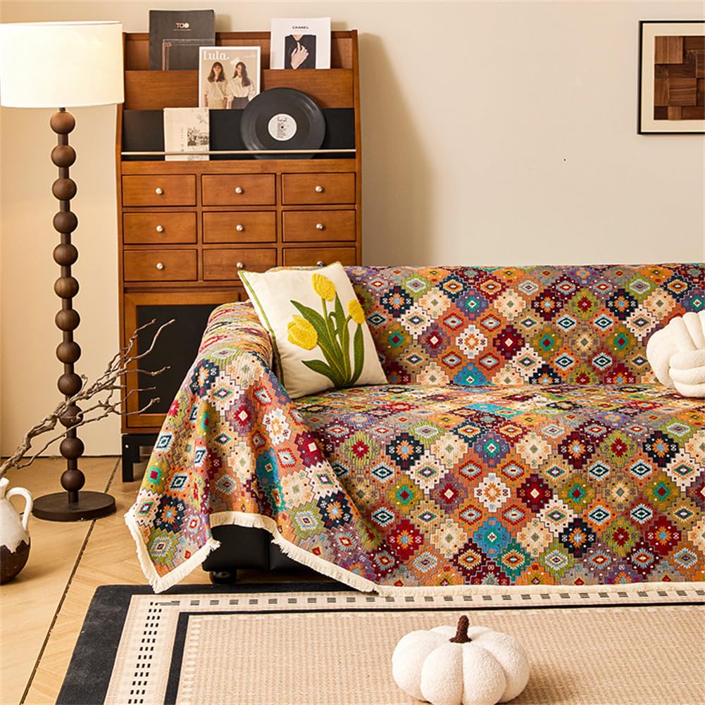 Morbuy Sofa Cover with Tassel for 1 2 3 4 Seater, Cotton Linen All-Season Protection AB Sided Throw Slipcover for Corner Sofa Couch Cover for Living Room (colorful boho,180x180cm)