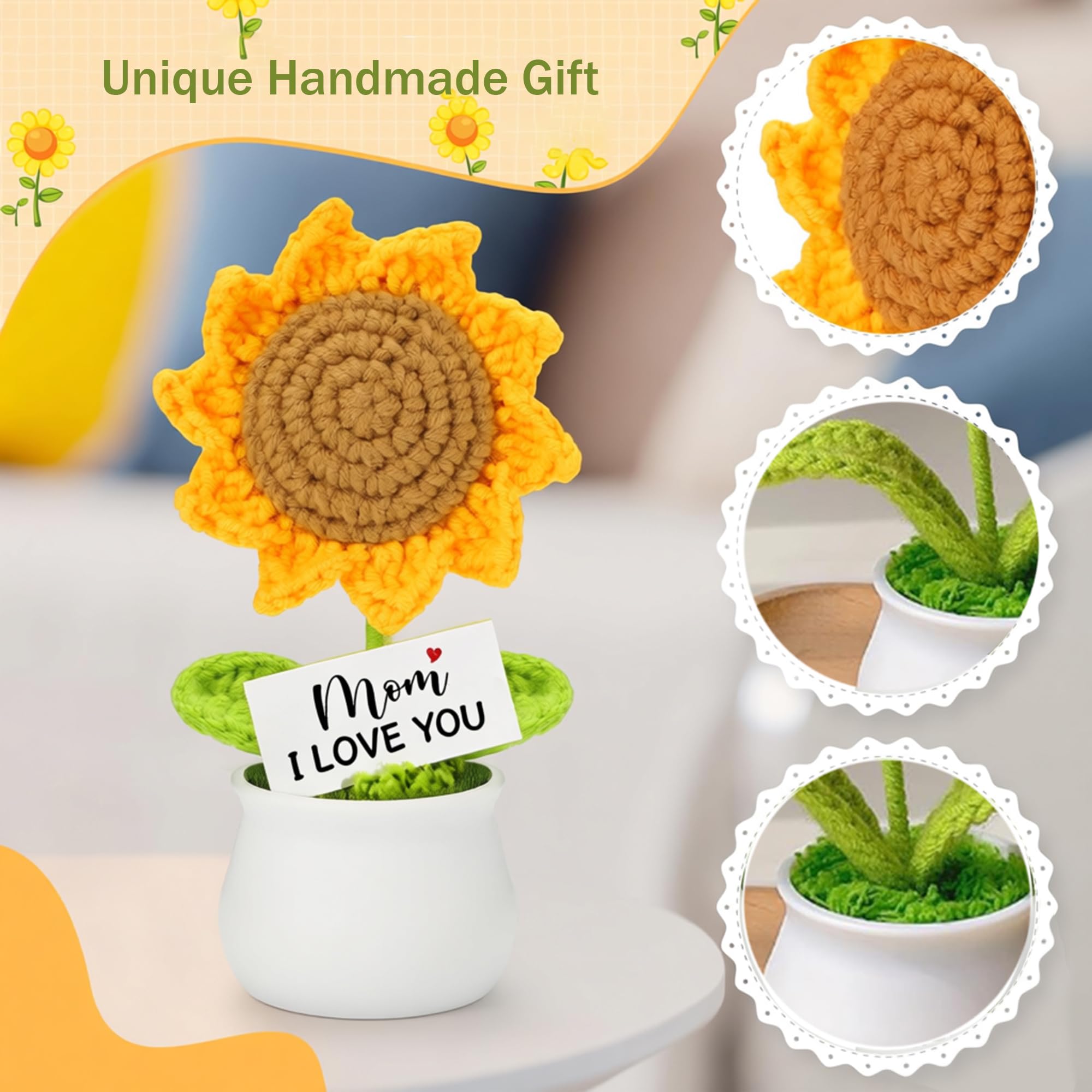 Regali per mamma, festa della mamma, compleanno, mamma, regalo da figlia, figlio, uncinetto, girasole, fiori artificiali