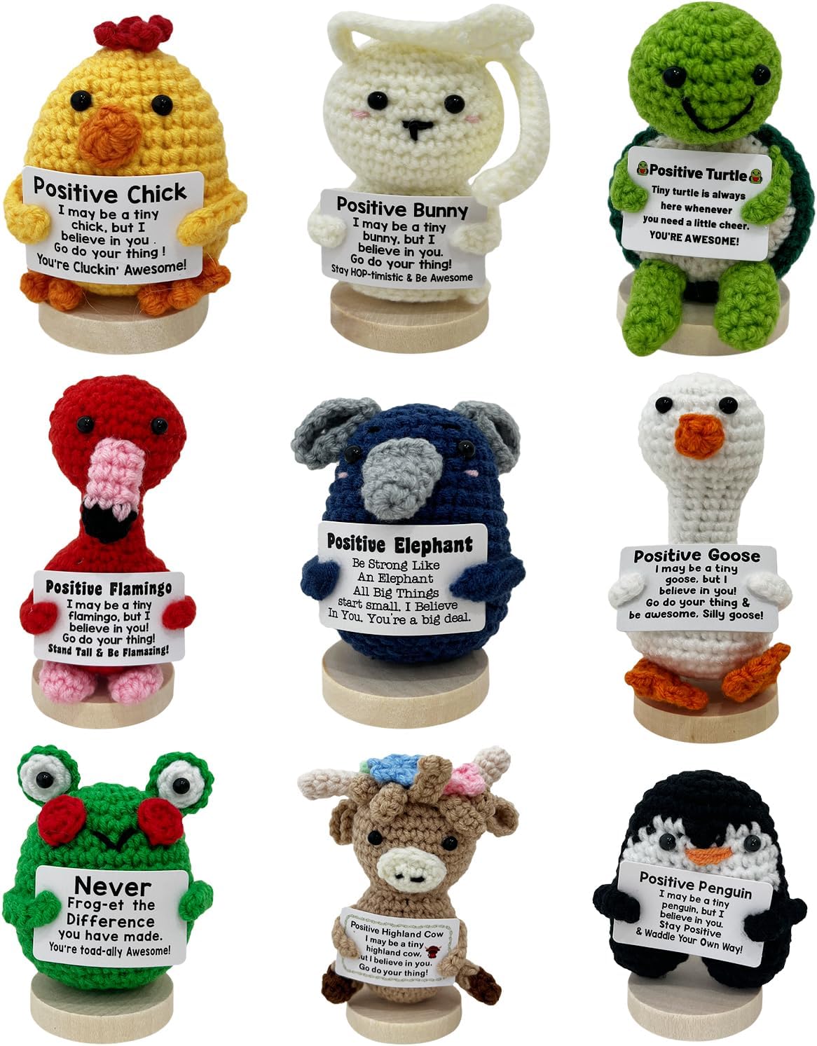 9 Packs Positive Crochet Animals Bulk, Emotional Support Crochet Plush, Mini Inspirational Gifts for Women Friends Coworkers, Desk Decor Cheer Up Gift Set