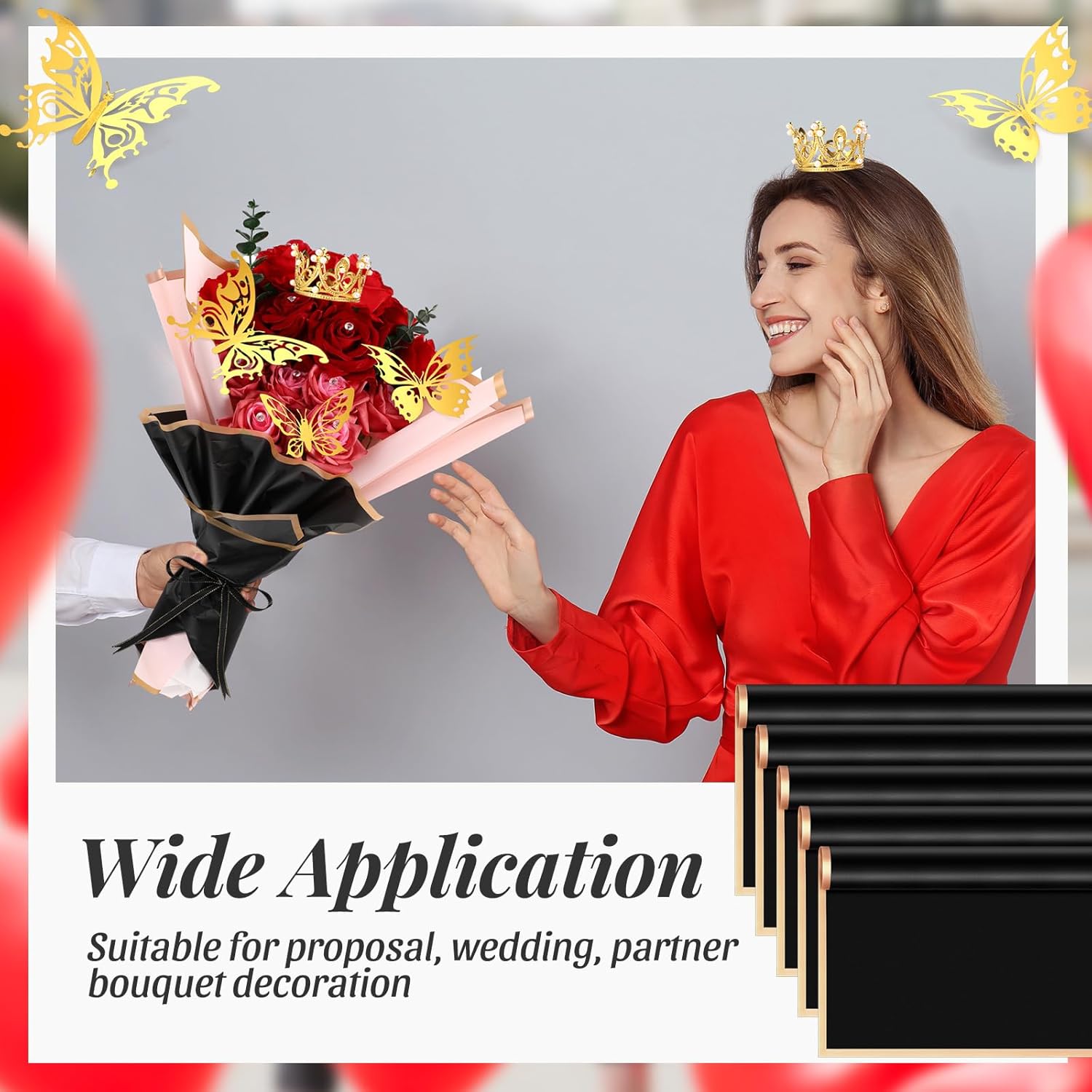 Yeaqee 36 Sheets Flower Wrapping Paper with 100 Pcs Bouquet Pin 36 Pcs 3D Butterflies 6 Pcs Mini Gold Crown for Flower Bouquet Decorations Wedding Mother's Day Graduation DIY(Black)