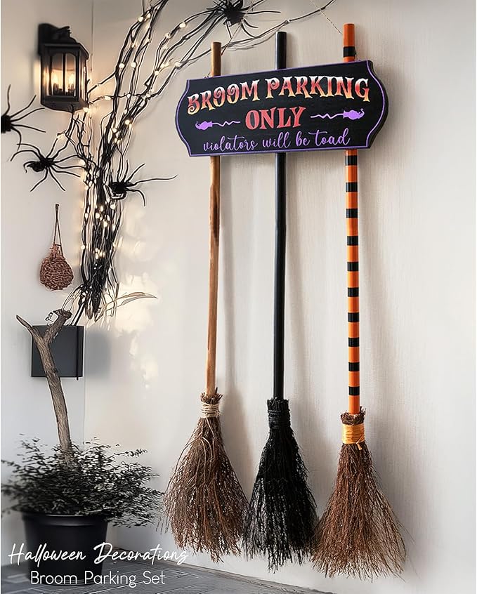 Broom parking sign with 3 wooden witches brooms