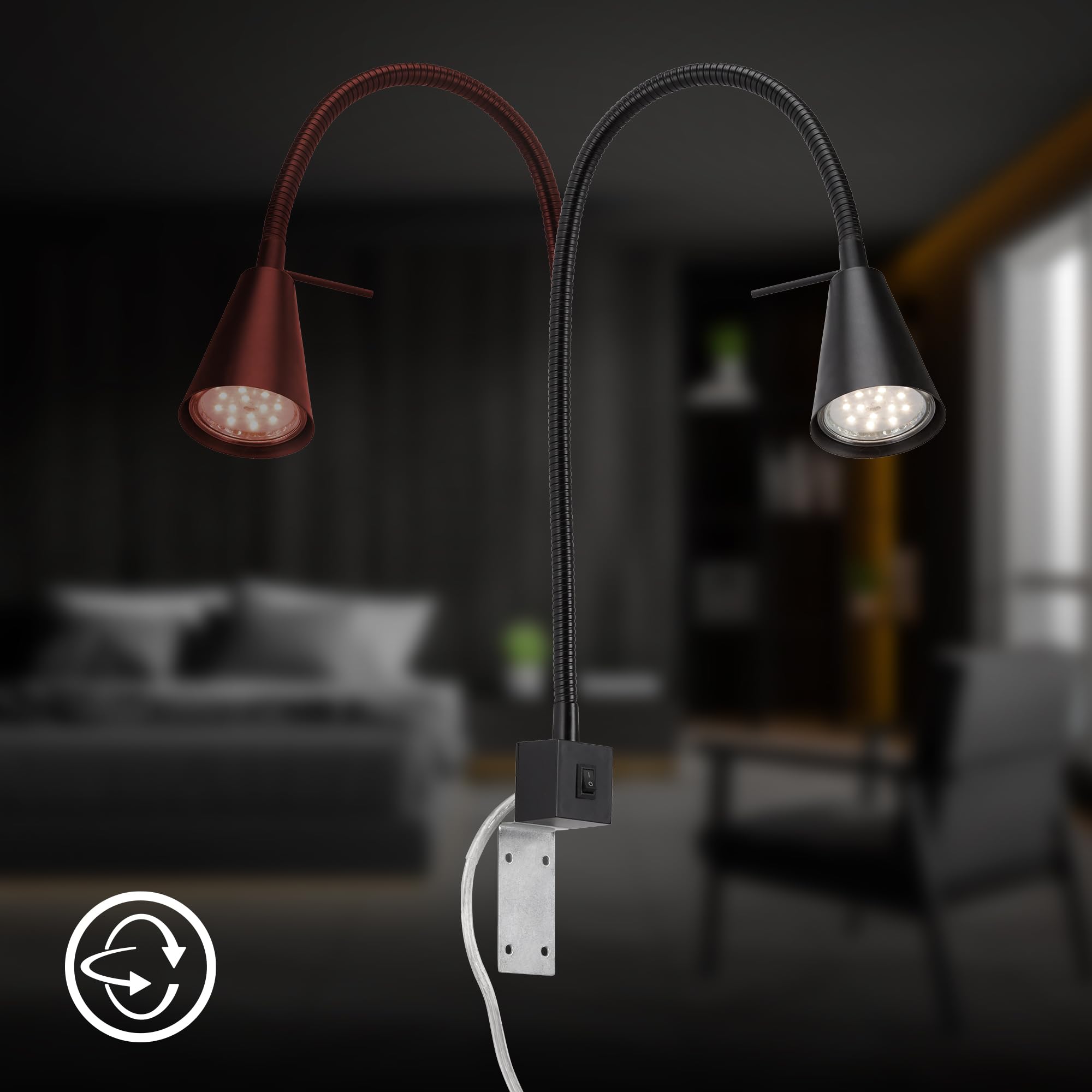 BRILONER - Lampe de Chevet LED, Lampe de Chevet avec Bras Flexible, Interrupteur Marche/Arrêt Inclus, 4 Watt. 400 Flux de lumières, 3.000 Kelvin, Noir