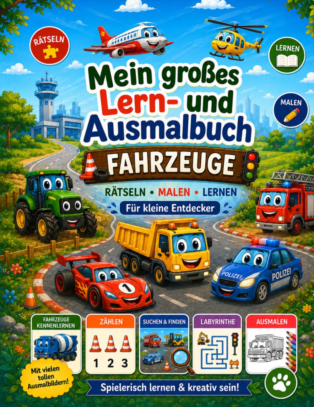 Mein großes Lern- und Ausmalbuch – Fahrzeuge: Für Kinder | Fahrzeuge malen, rätseln, zählen und entdecken