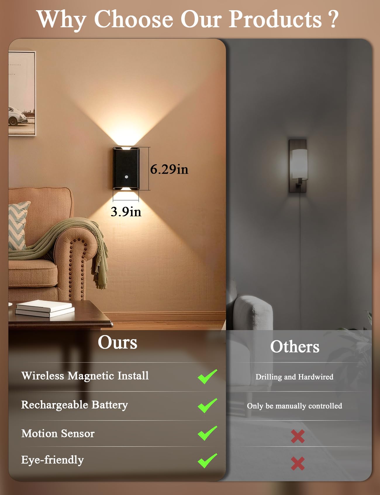 Magnetic Motion Sensor Wall Sconces - Set of 2, Rechargeable Wall Light with Remote Control, 3 Colors Dimmable LED Wall Lamp, Battery Operated Night Light for Indoor Bedroom,Hallway,Stairs,Closet - 3