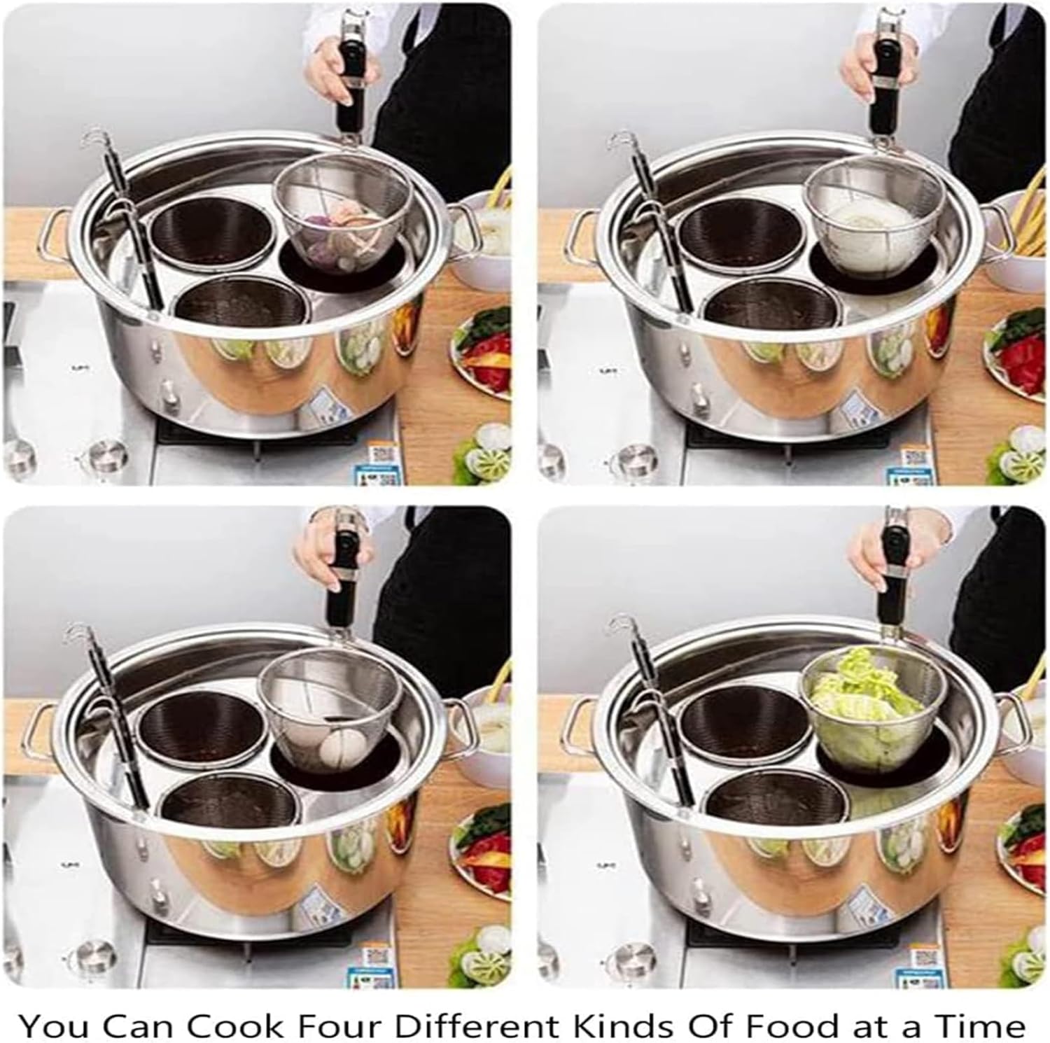 Stainless Steel Pasta Cooker Insert Set, Pasta Cooker Steamer with Strainer Baskets, Multipots Cooking Tool for Noodles, Pasta, Dumplings,4 Hole