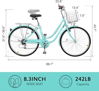 Ktaxon Women Bike 24/26 Inch Bicycles for Women, Beach Cruiser Bike with Premium Derailleur & Shift Lever, Adjustable Seat, High-Carbon Steel Frame and Excellent Welding Technology