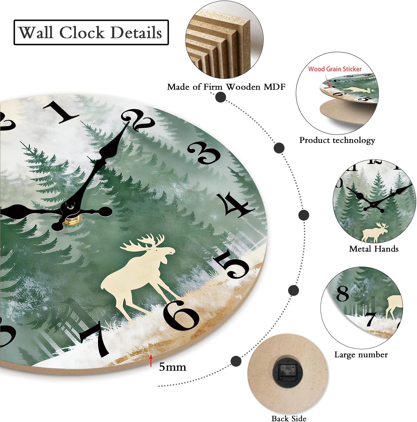 XNM Analog 10 Inch Green Forest Wood Wall Clocks Battery Operated