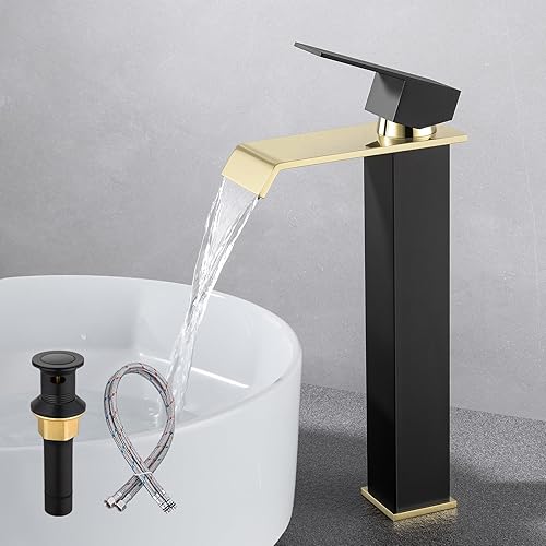 Borlon Grifo de baño alto en cascada para 1 agujero, grifo de baño de una sola manija negro y dorado para fregadero de recipiente, moderno grifo de