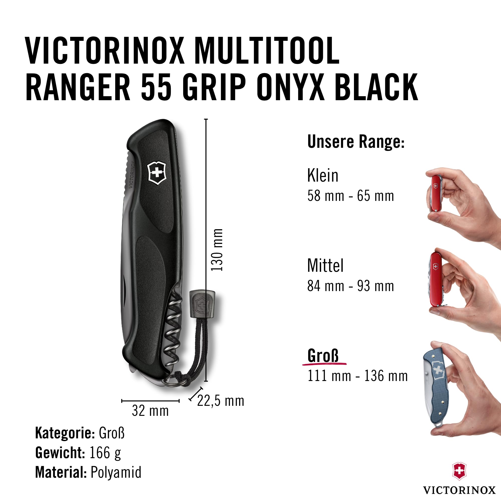 Victorinox Taschenmesser Ranger Grip 55 Onyx Black (12 Funktionen, Festellklinge, Holzsäge), schwarz, 130mm