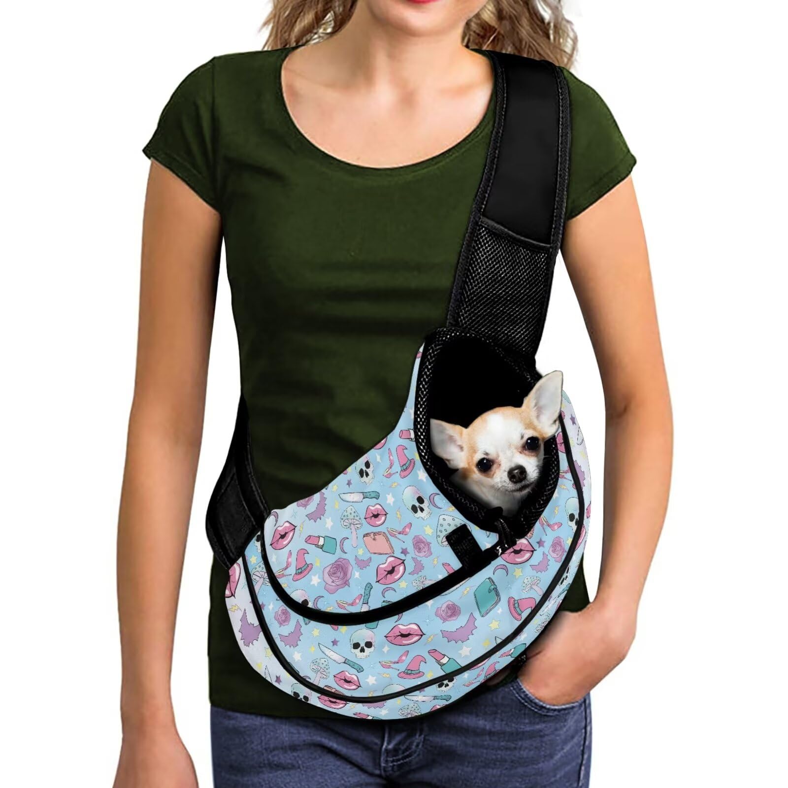 COEQINE Dog Carrier Sling Xs Cute Summerween Witch Skull Kiss Goth Sling Bag Crossbody For Dogs Walking Hands-Free Locking Safety Zipper Breatheable Mesh Bag Lightweight Satchel Soft Pouch