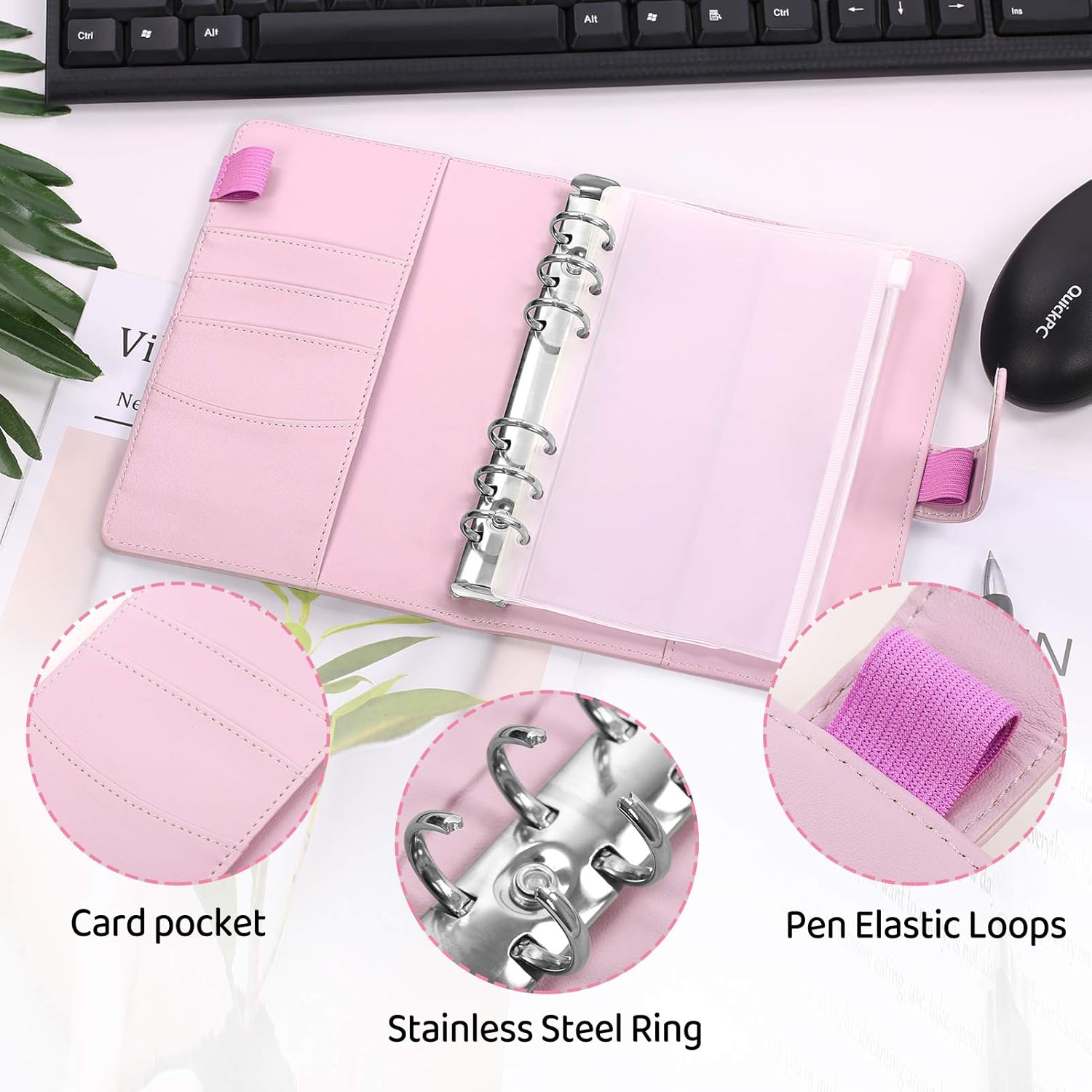 SKYDUE 12pcs Clear Plastic A6 Binder Envelopes with PU Leather 6 Ring Binder,Waterproof Cash Budget Envelopes System with Label Stickers : Office Products