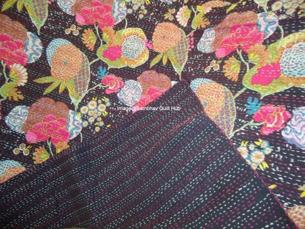 Queen/Twin/King Indian Black Fruit Reversible Bedspread Pattern Gudri Pure Cotton Kantha Style Quilt Floral Fruit Print Decorative Kantha Stitch Quilt (90X108 inches)