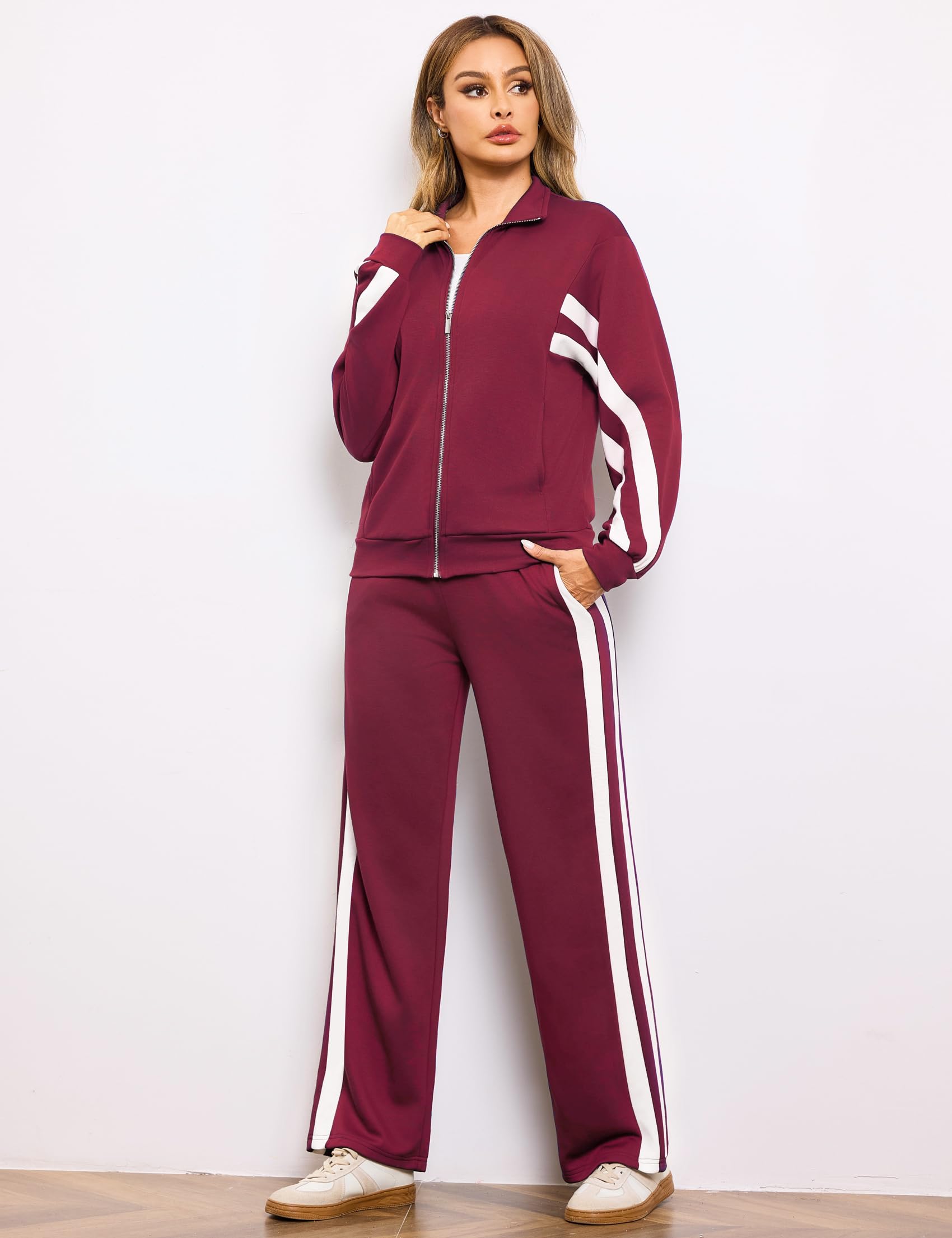 Terecey Tuta Donna Sportiva Elegante Completa Tute Maniche Lunghe Colore Contrasto Linea Autunno Invernale Sportivi Abbigliamento Jogging Yoga Training Fitness Casa Set S-XXL