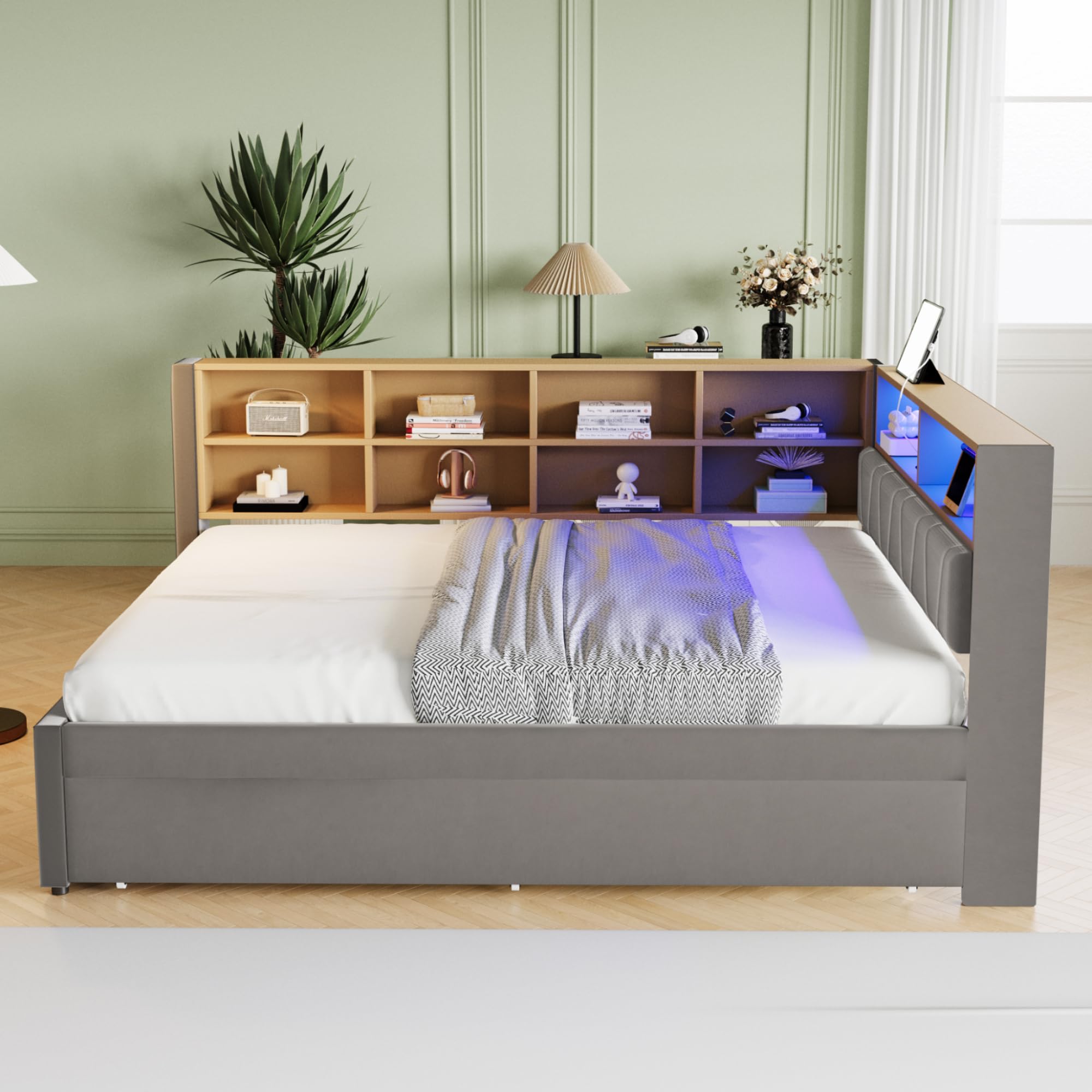 Letto imbottito Daybed 140x200cm, Divano letto con letto estraibile, Letto matrimoniale con luci LED, Prese e scomparti, Divano letto multifunzionale, Telaio del letto, Flanella (Grigio scuro