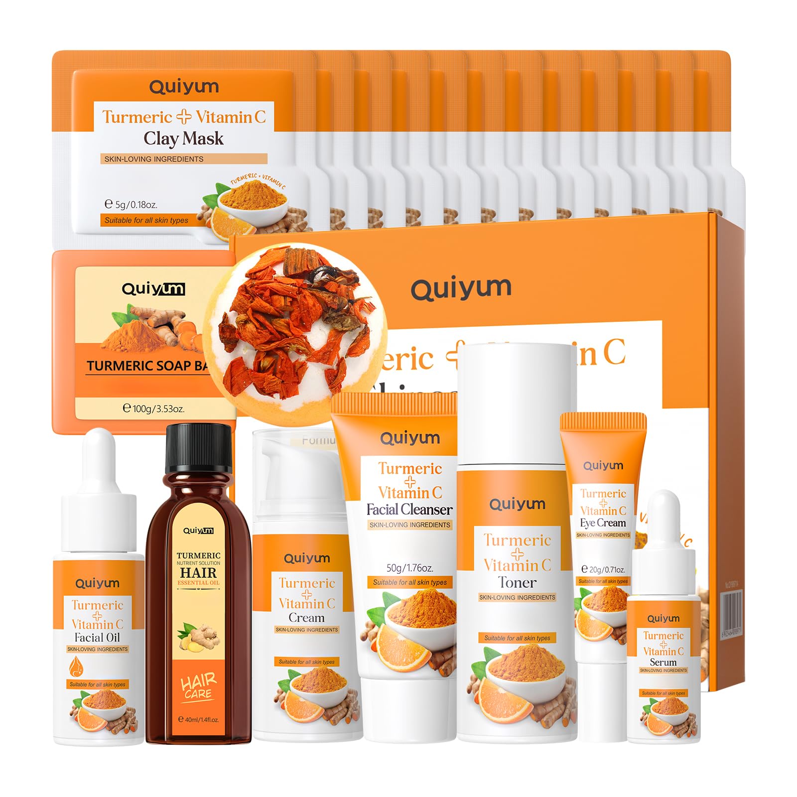 21Pcs Turmeric & Vitamin C Skincare Set, Facial Skin Care Routine Set Kit with Serum, Facial Oil, Soap Bar, Mud Mask, etc, Even Skin Tone, Reduce Acne, Moisturizing Women Mother's Day Gift