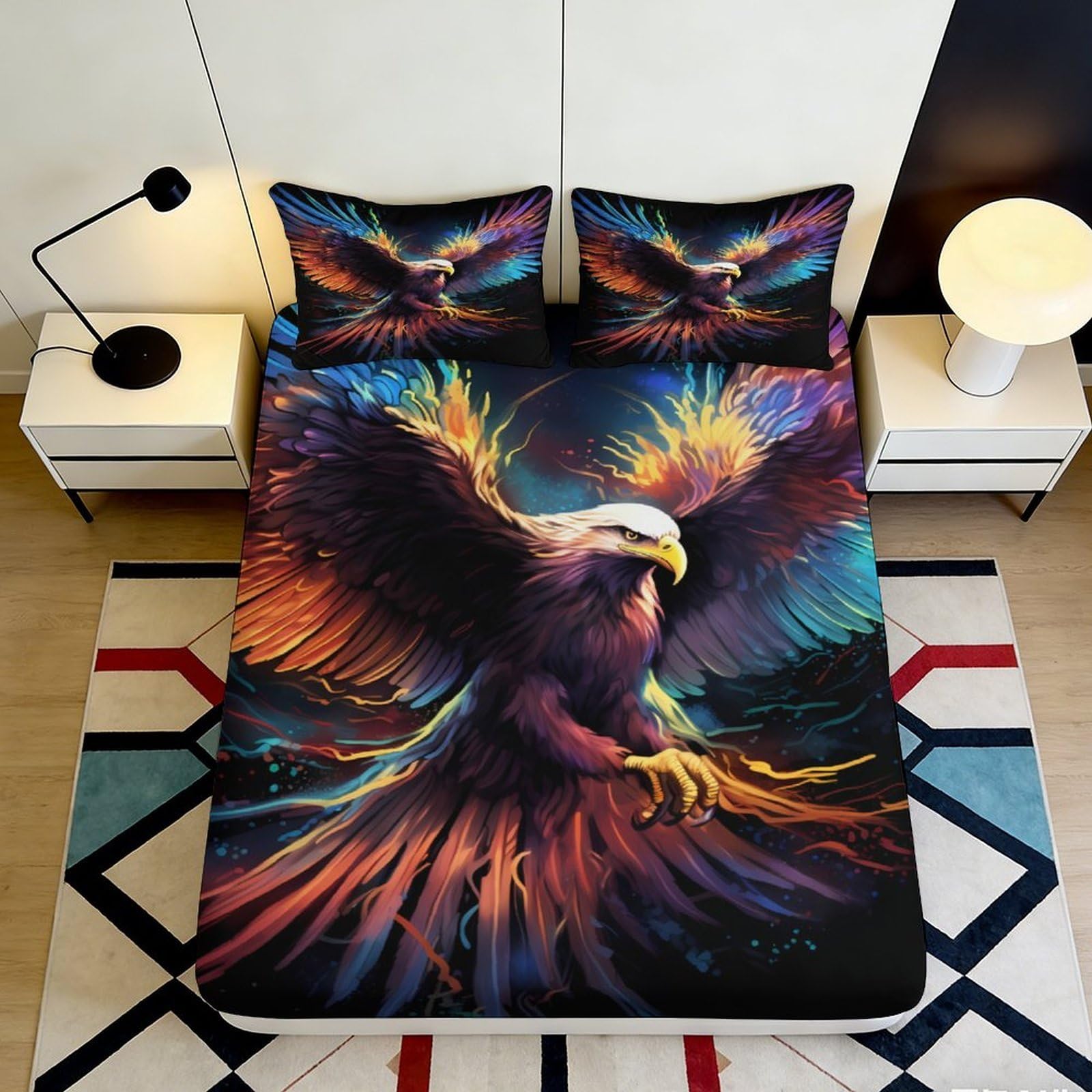 3D Printed Colorful Eagle Fitted Sheet Microfiber Soft Anti-Slip Mattress Cover Fire Wings for Bedroom Dorm Easy Care 90x200x25cm
