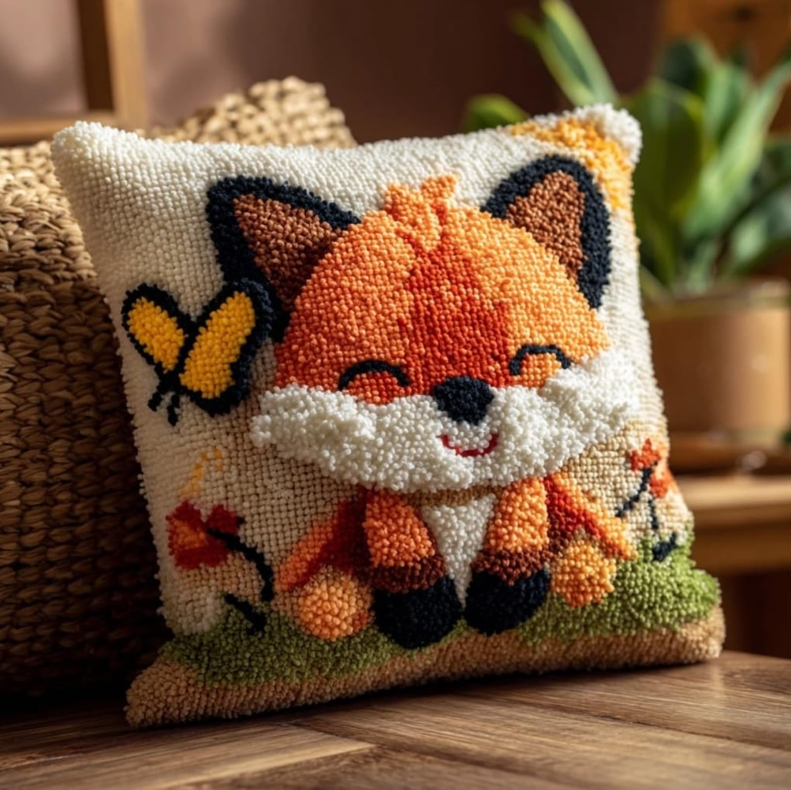 WallustrioaW Latch Hook Kits Pillowcase Embroidery Kit,Fox and Butterfly