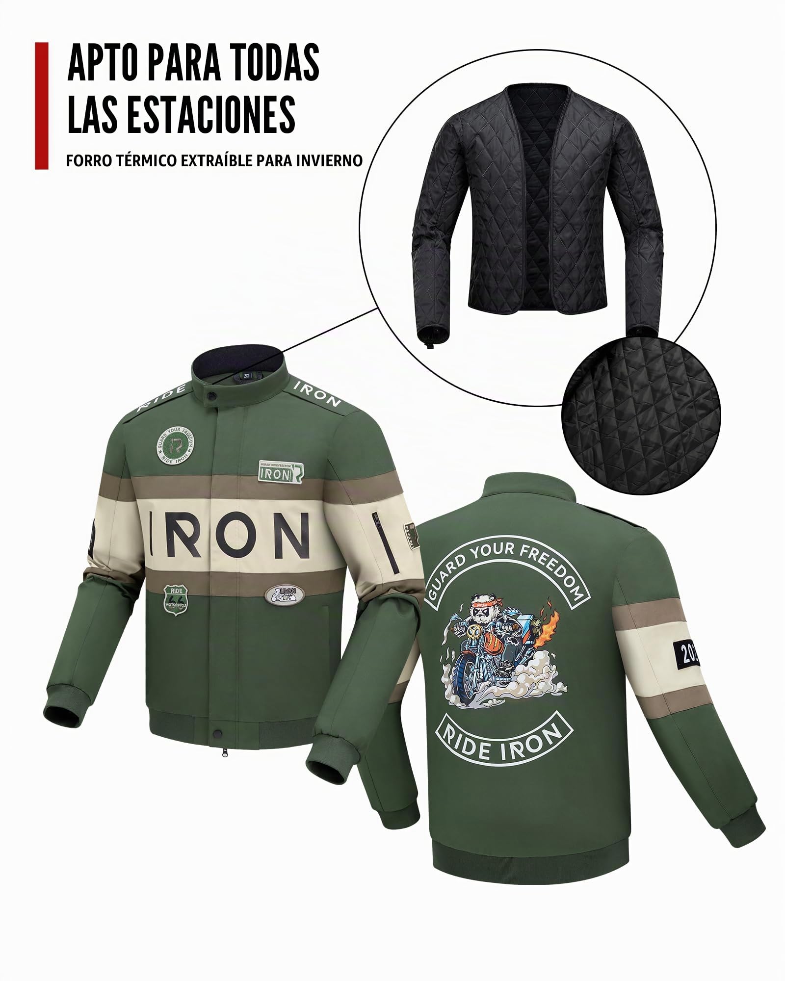 RIDEIRON Chaqueta Moto Hombre con Protecciones CE – Chaqueta Motociclista 4 Estaciones con Forro Térmico Extraíble, Transpirable y Resistente, Diseño con Bordados y Gran Estampado M-XXL