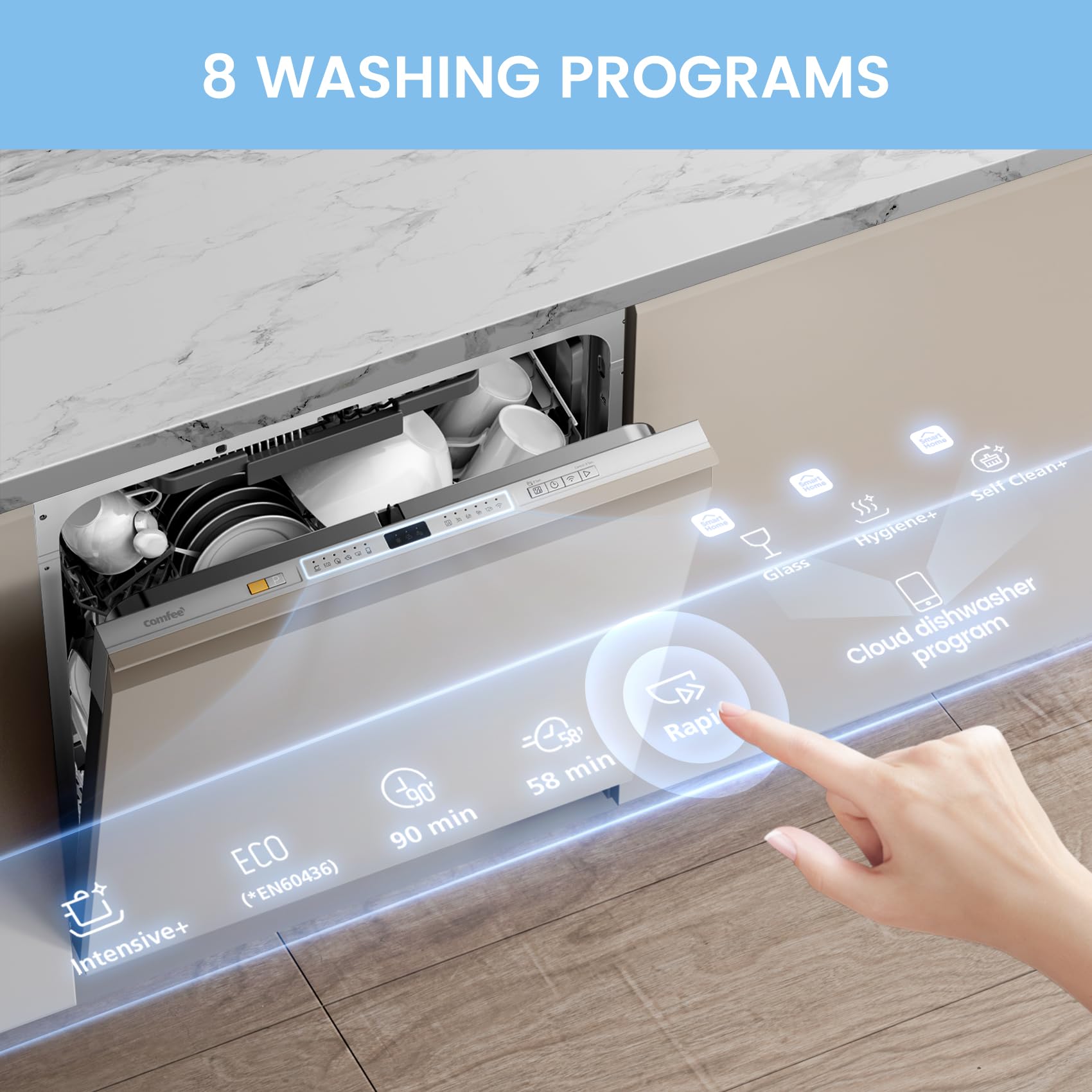 COMFEE' Fully Integrated Dishwasher with 14 Place Settings, Wi-Fi Connected, 47dB Low Noise, Built-in Dishwasher with Rapid Wash, Half-load, Auto Door Open Drying-CDWPF1415P-UK — view 7