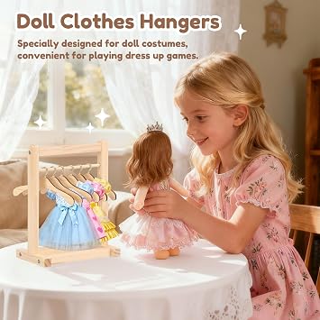 2Pack Dolls Garment Rack,Wooden Mini Clothes Rack with 12Pcs Hangers,Small Dolls Clothes Hanger Set,Doll Wardrobe Display and Drying Stand,Garment Closet Furniture Accessories for Dollhouse