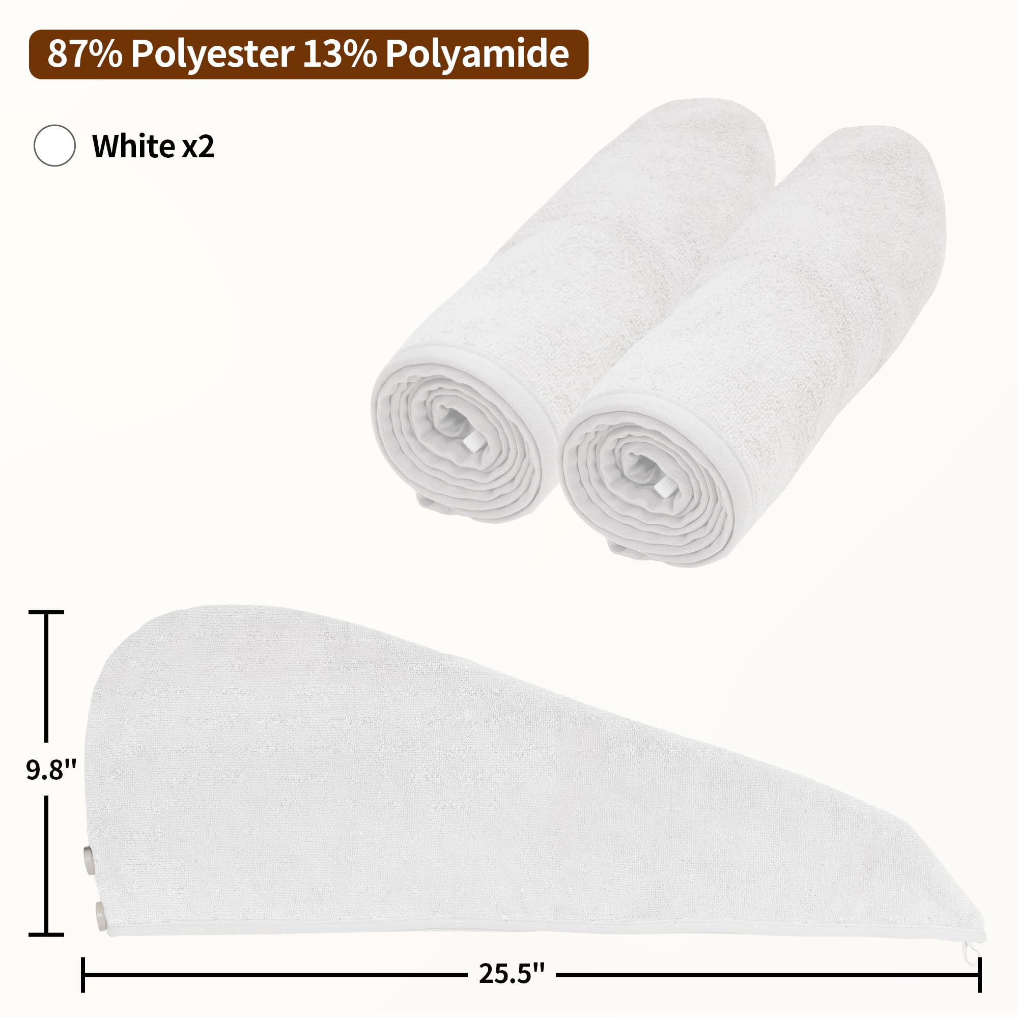 NEXCOVER Haarhandtuch, Mikrofaser, 2 Stück, weiß, 24,9 x 64,8 cm, ultra-saugfähige Haarturbane, schnell trocknende Kopftücher für Damen, nasses Haar, lang, lockig, dickes, krauses Haar