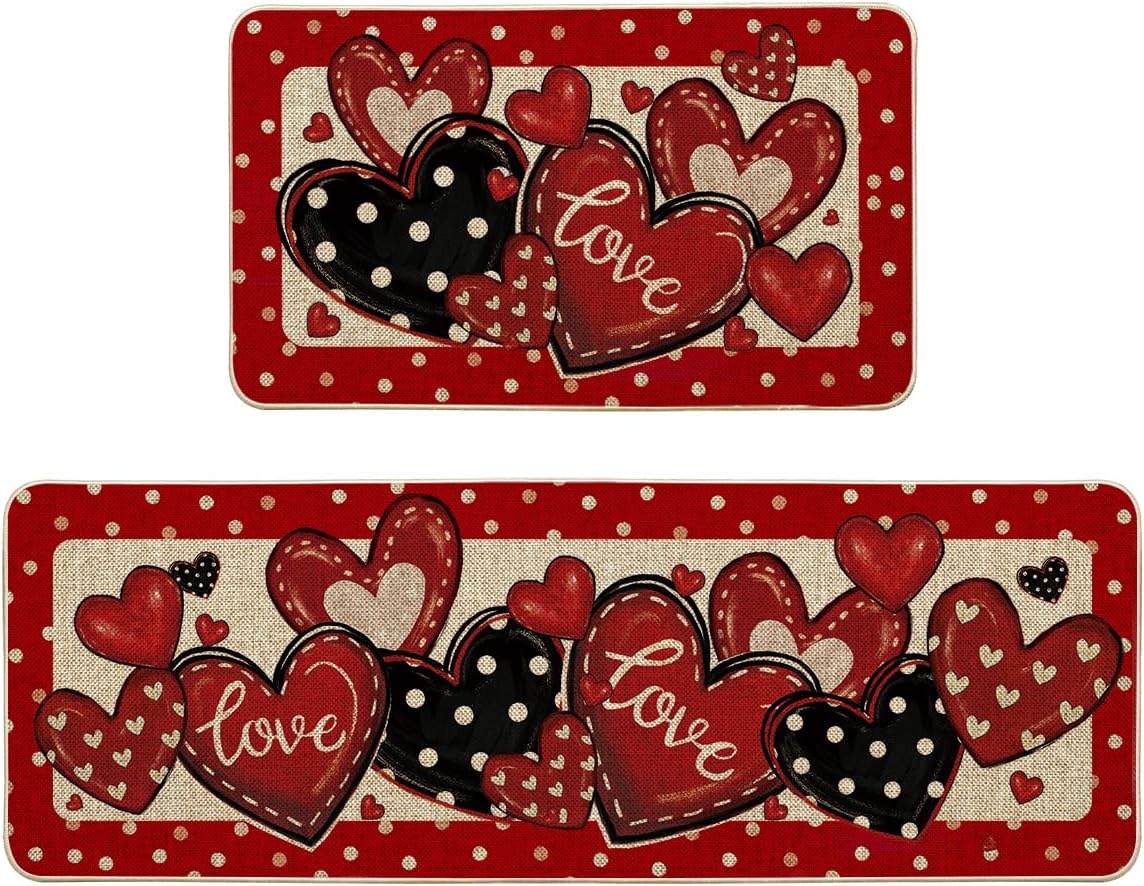 Artoid Mode Red Dot Heart Love Valentines Kitchen Mats Set of 2, Low-Profile Home Decor Kitchen Rugs for Floor - 17x29 and 17x47 Inch